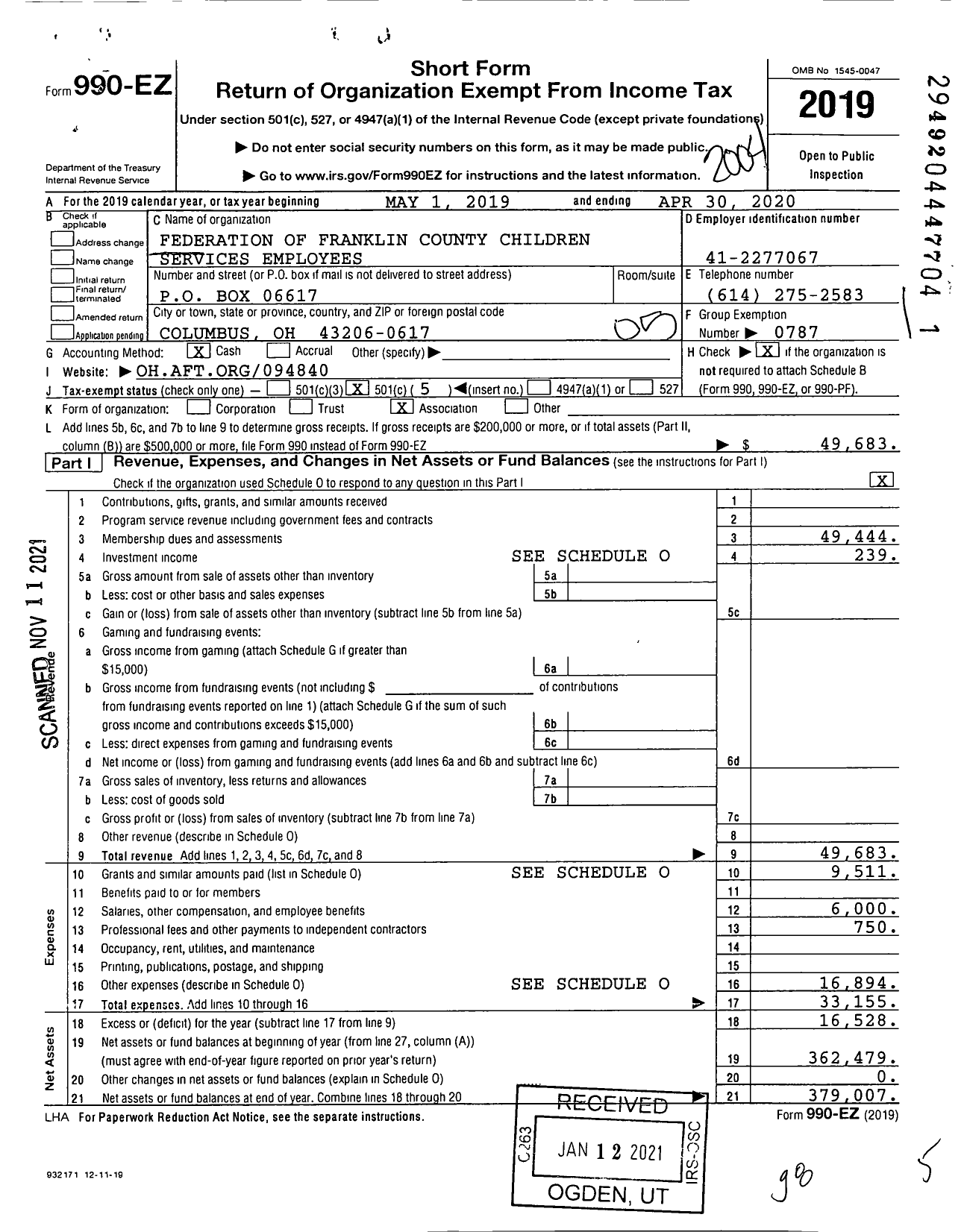 Image of first page of 2019 Form 990EO for Federation of Franklin County Children Services Employees