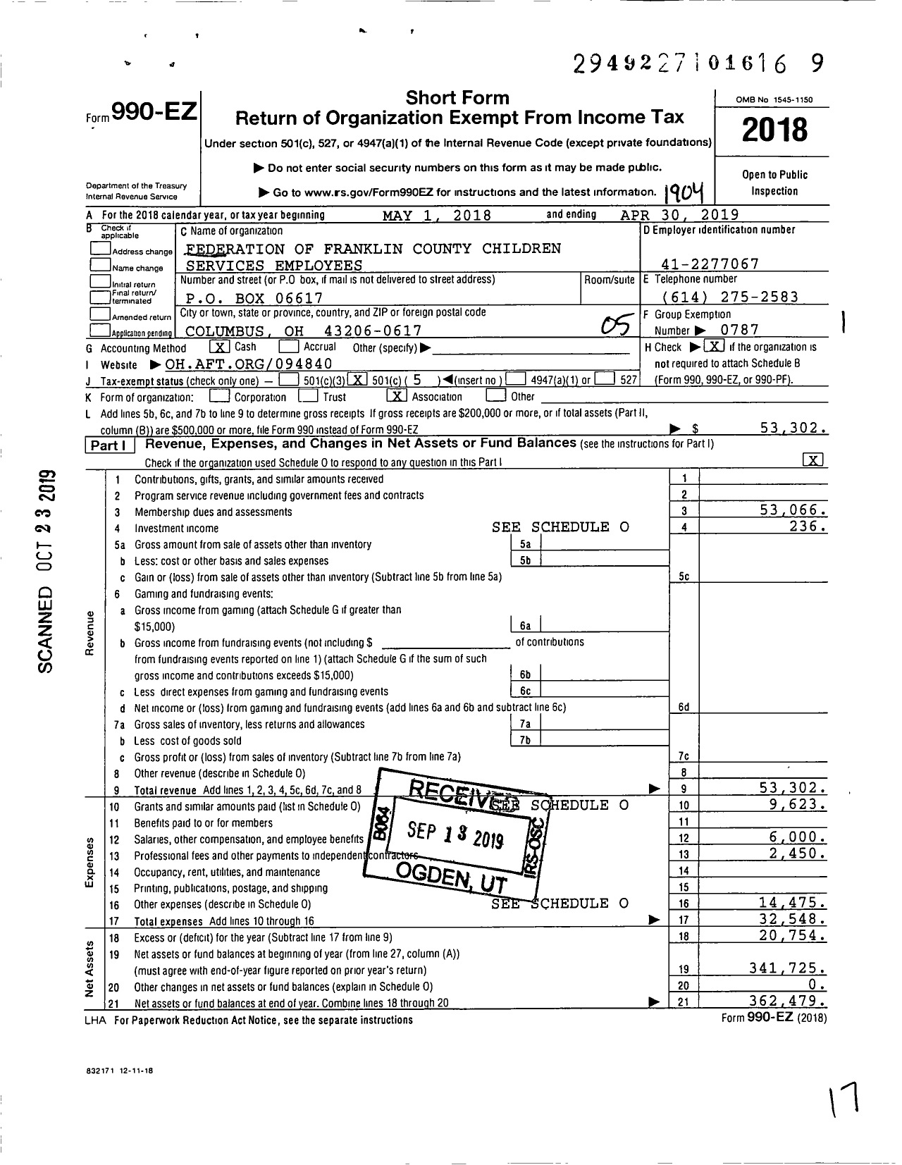 Image of first page of 2018 Form 990EO for Federation of Franklin County Children Services Employees