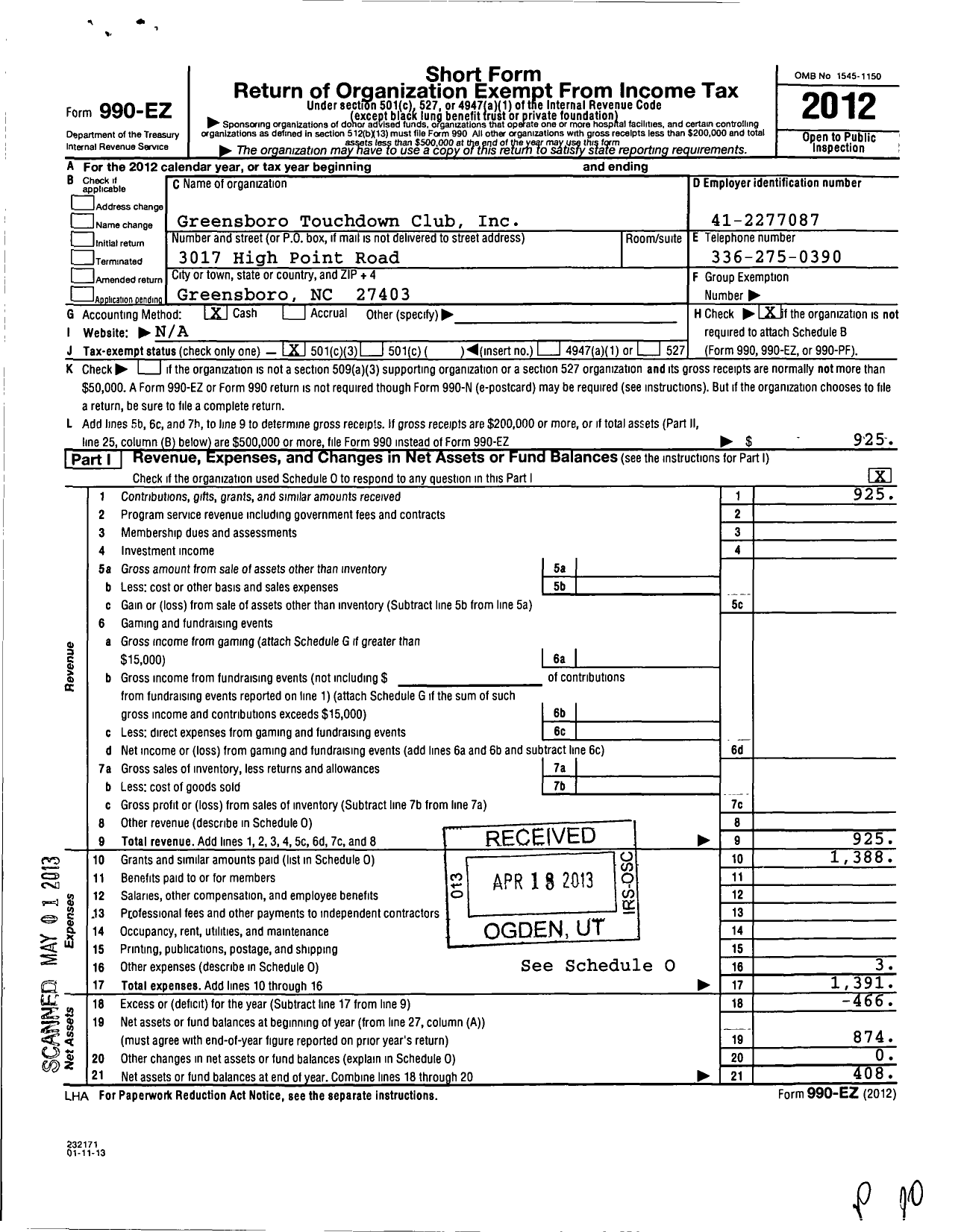 Image of first page of 2012 Form 990EZ for Greensboro Touchdown Club