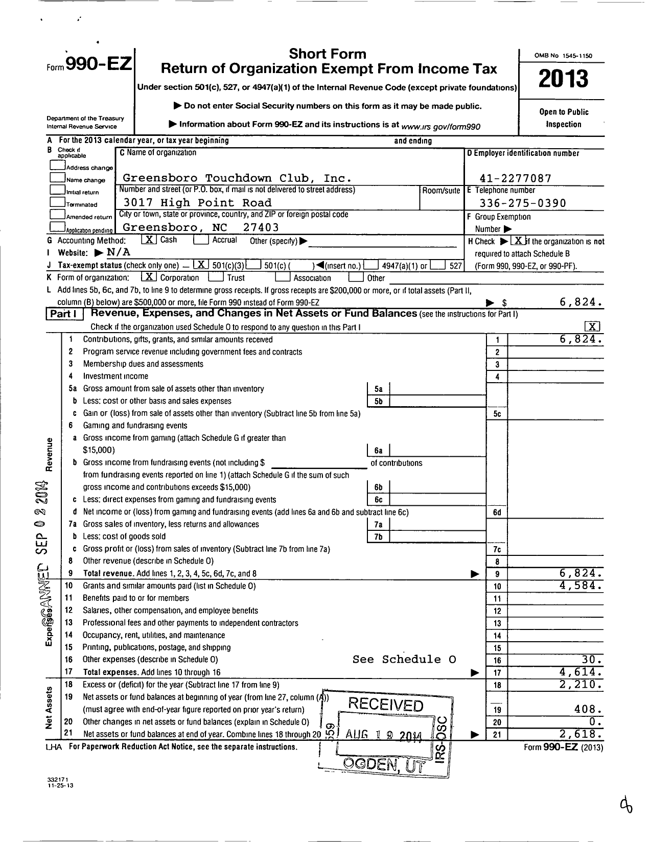 Image of first page of 2013 Form 990EZ for Greensboro Touchdown Club