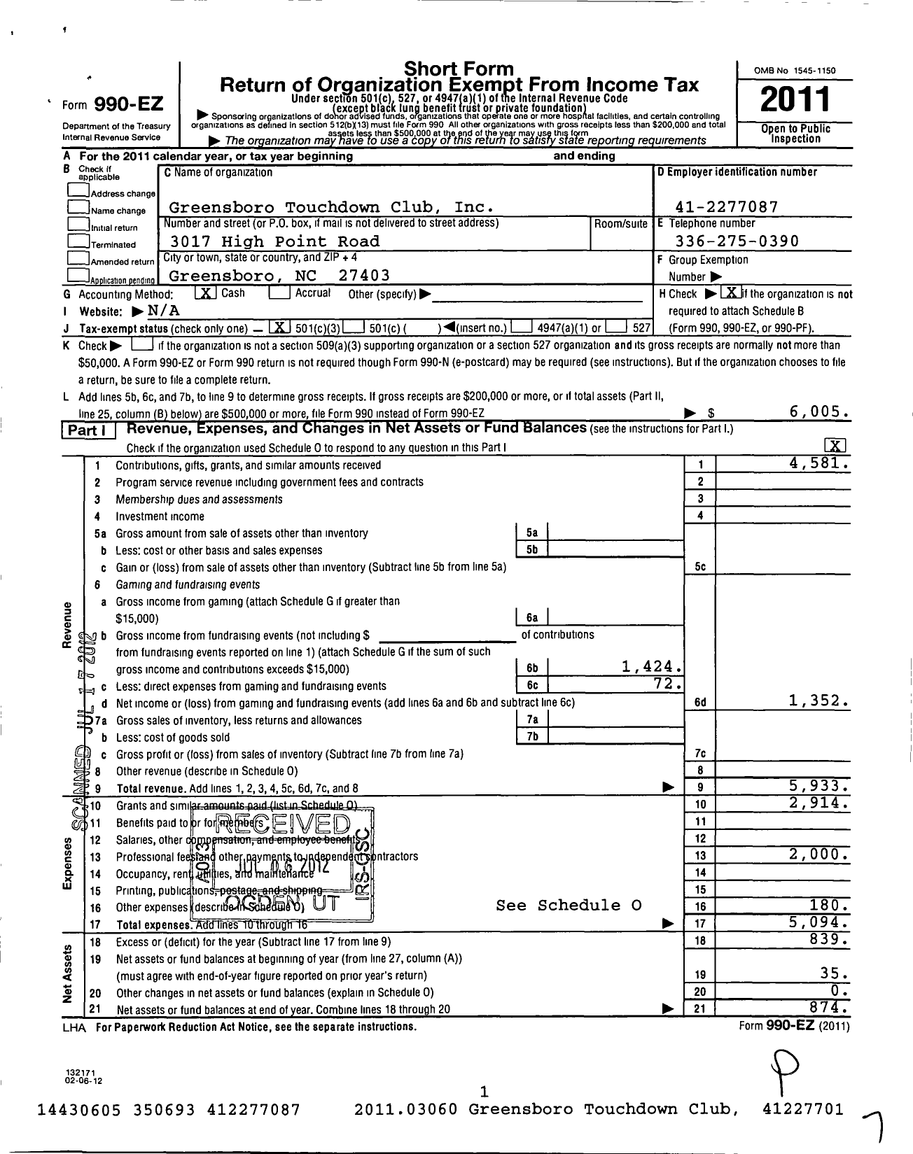 Image of first page of 2011 Form 990EZ for Greensboro Touchdown Club