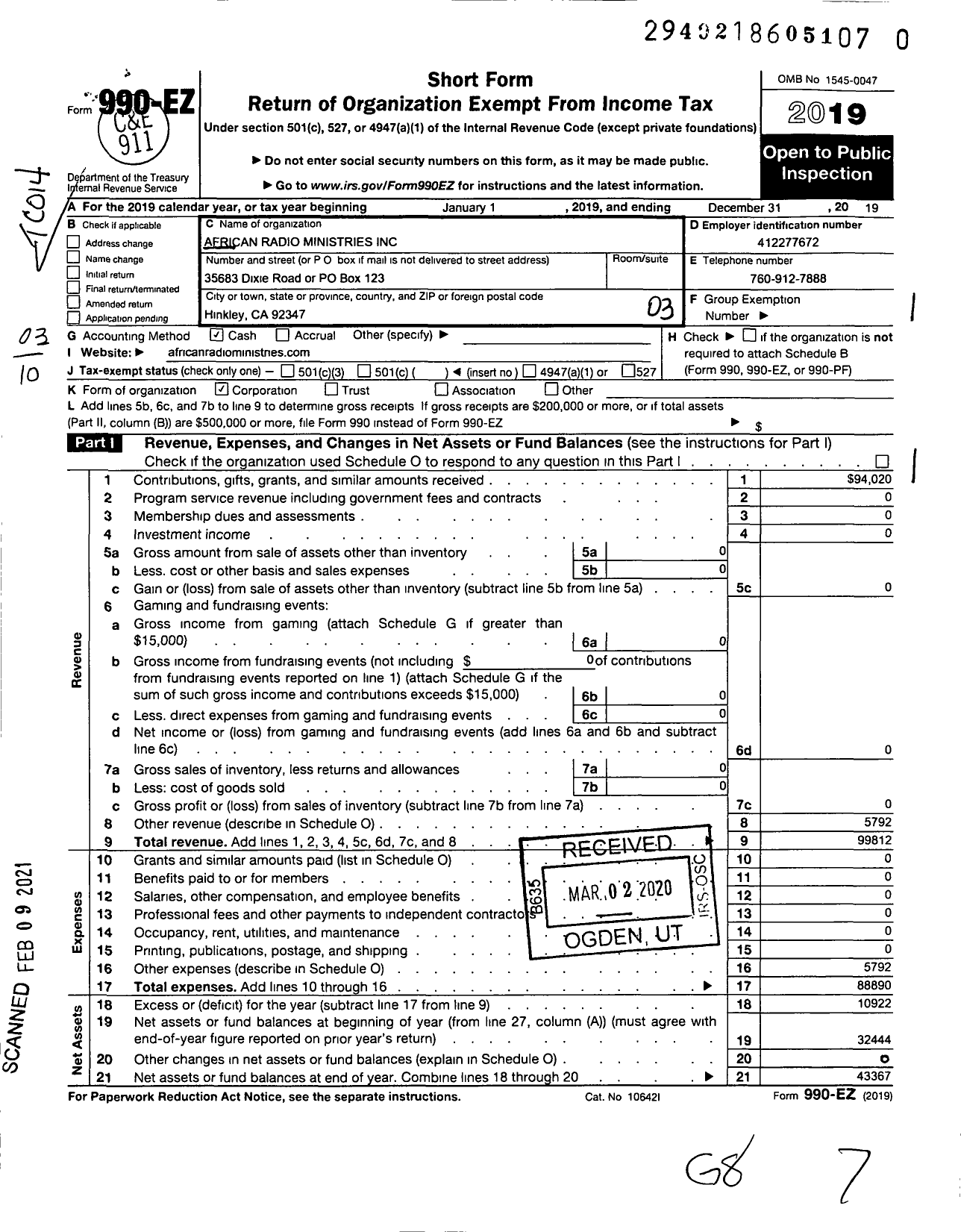 Image of first page of 2019 Form 990EZ for African Radio Ministries