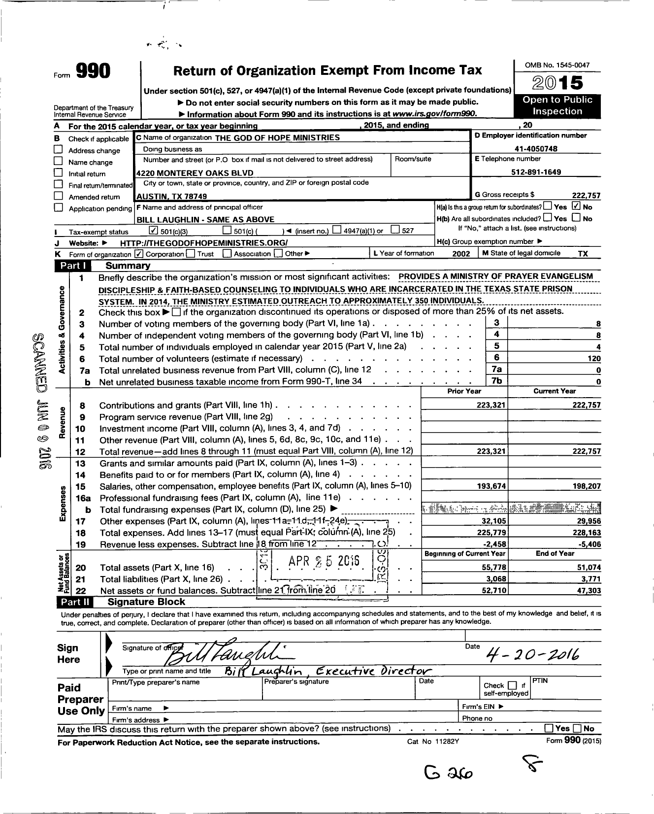 Image of first page of 2015 Form 990 for The God of Hope Ministries