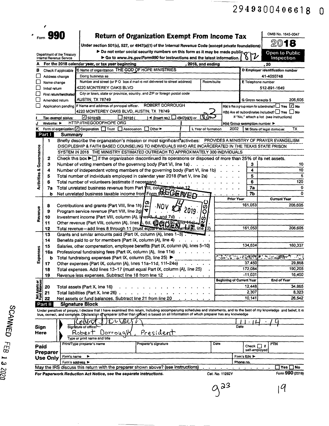 Image of first page of 2018 Form 990 for The God of Hope Ministries