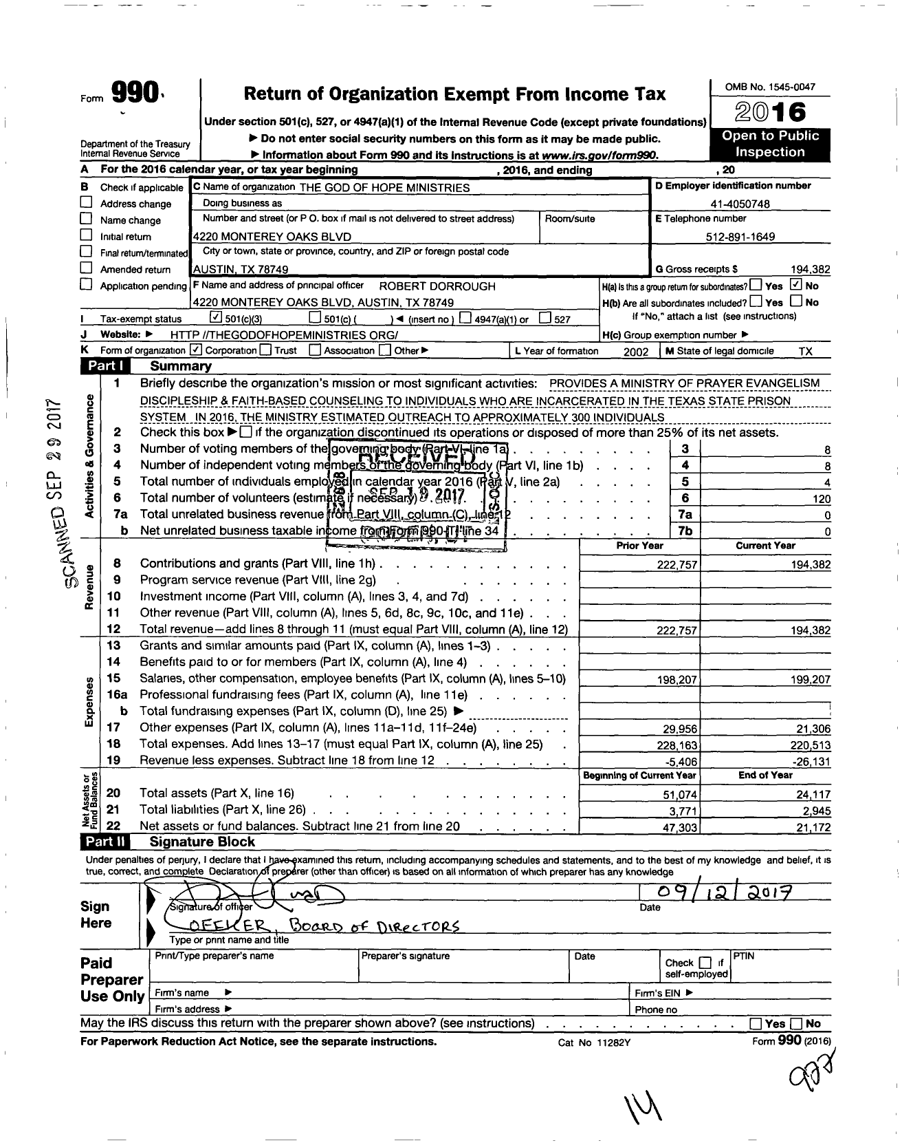 Image of first page of 2016 Form 990 for The God of Hope Ministries