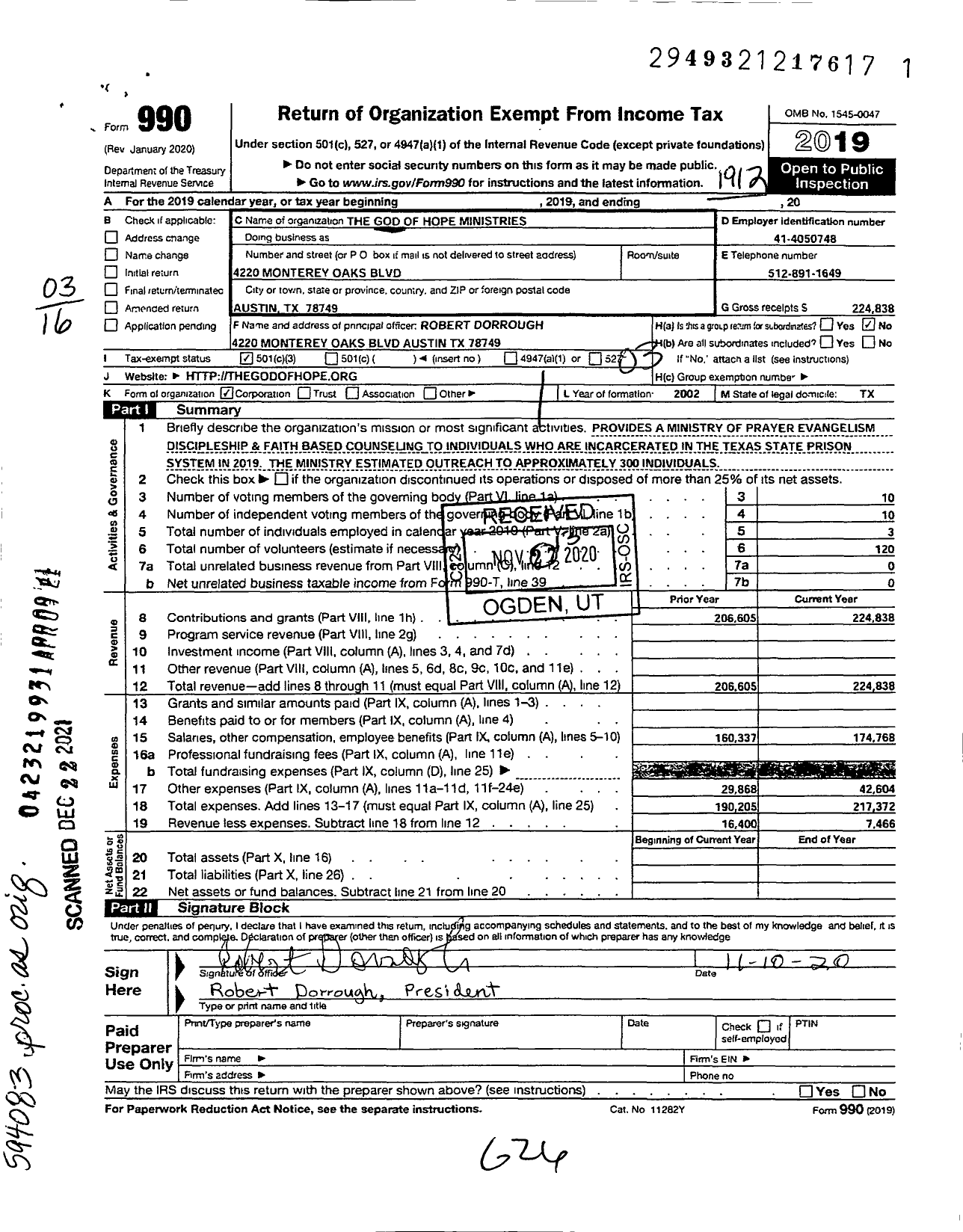Image of first page of 2019 Form 990 for The God of Hope Ministries
