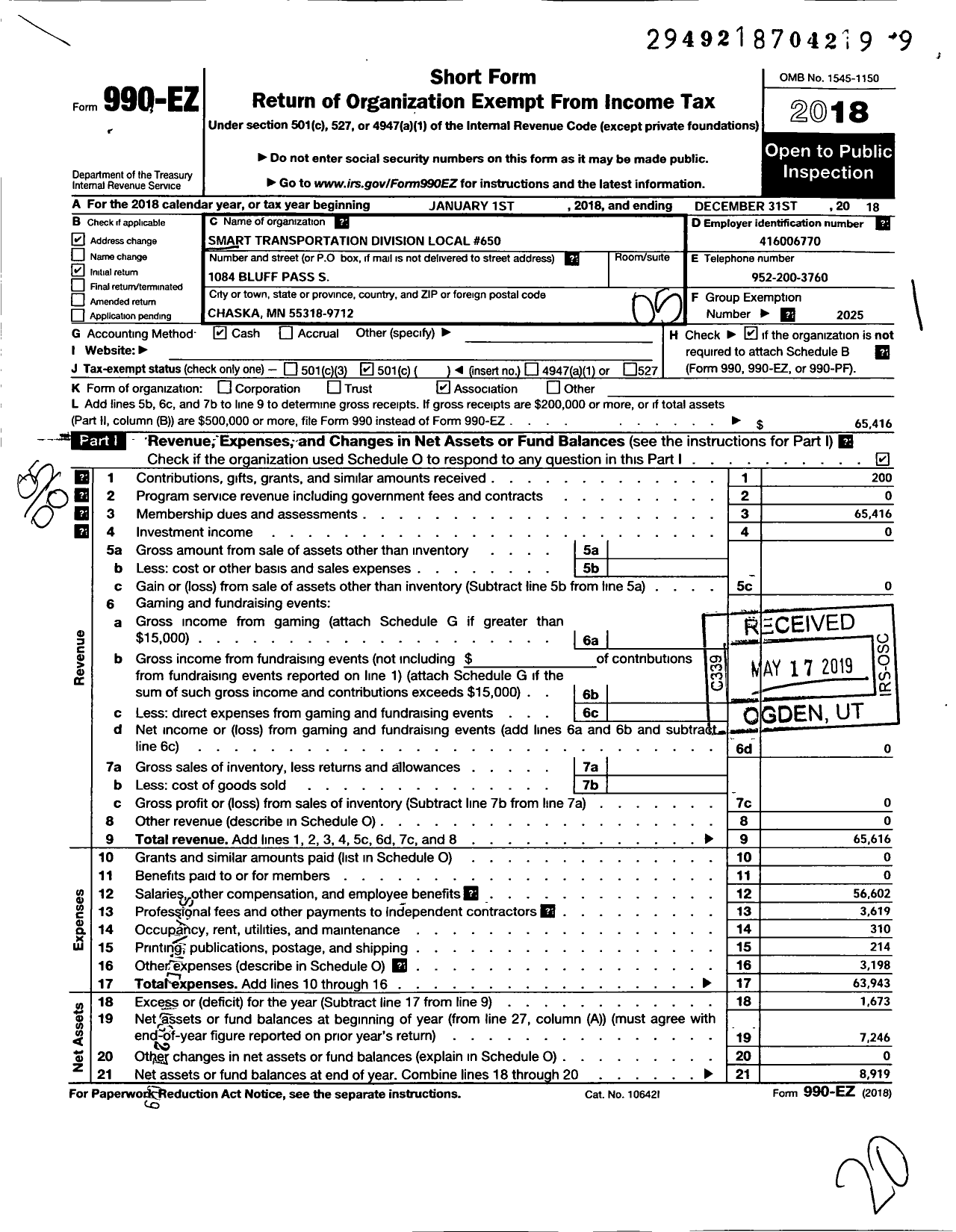 Image of first page of 2018 Form 990EO for Smart Union - 650 TD