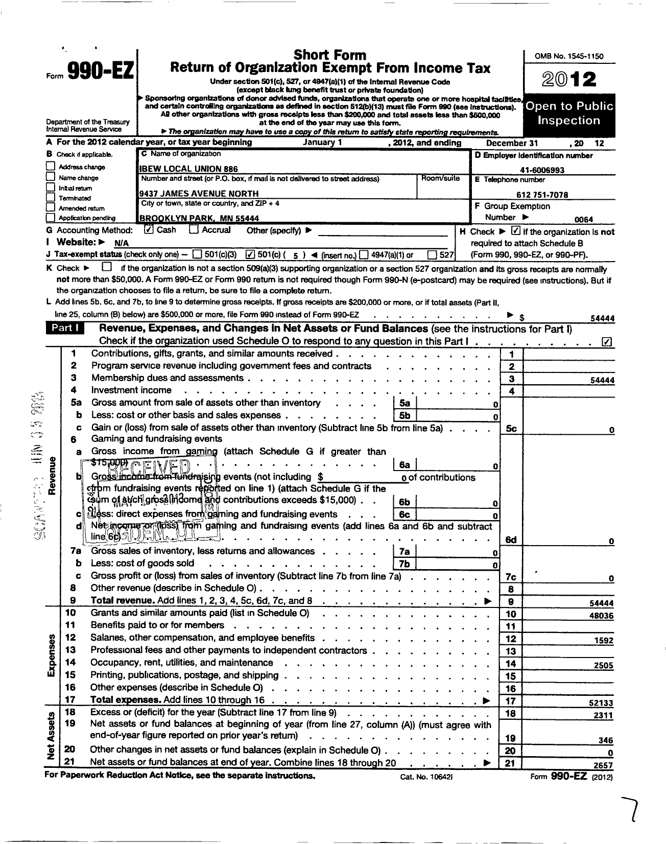 Image of first page of 2012 Form 990EO for International Brotherhood of Electrical Workers - 886 Local Union