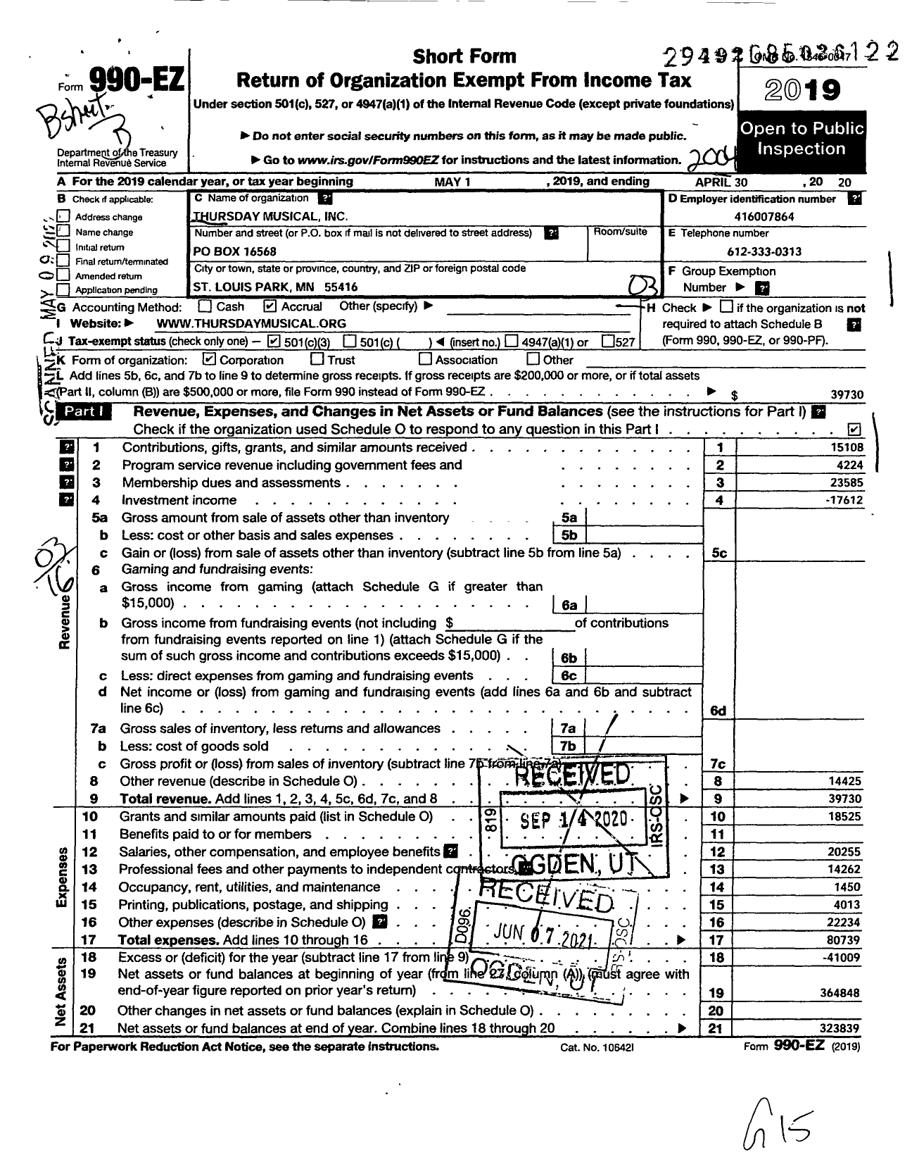 Image of first page of 2019 Form 990EZ for Thursday Musical