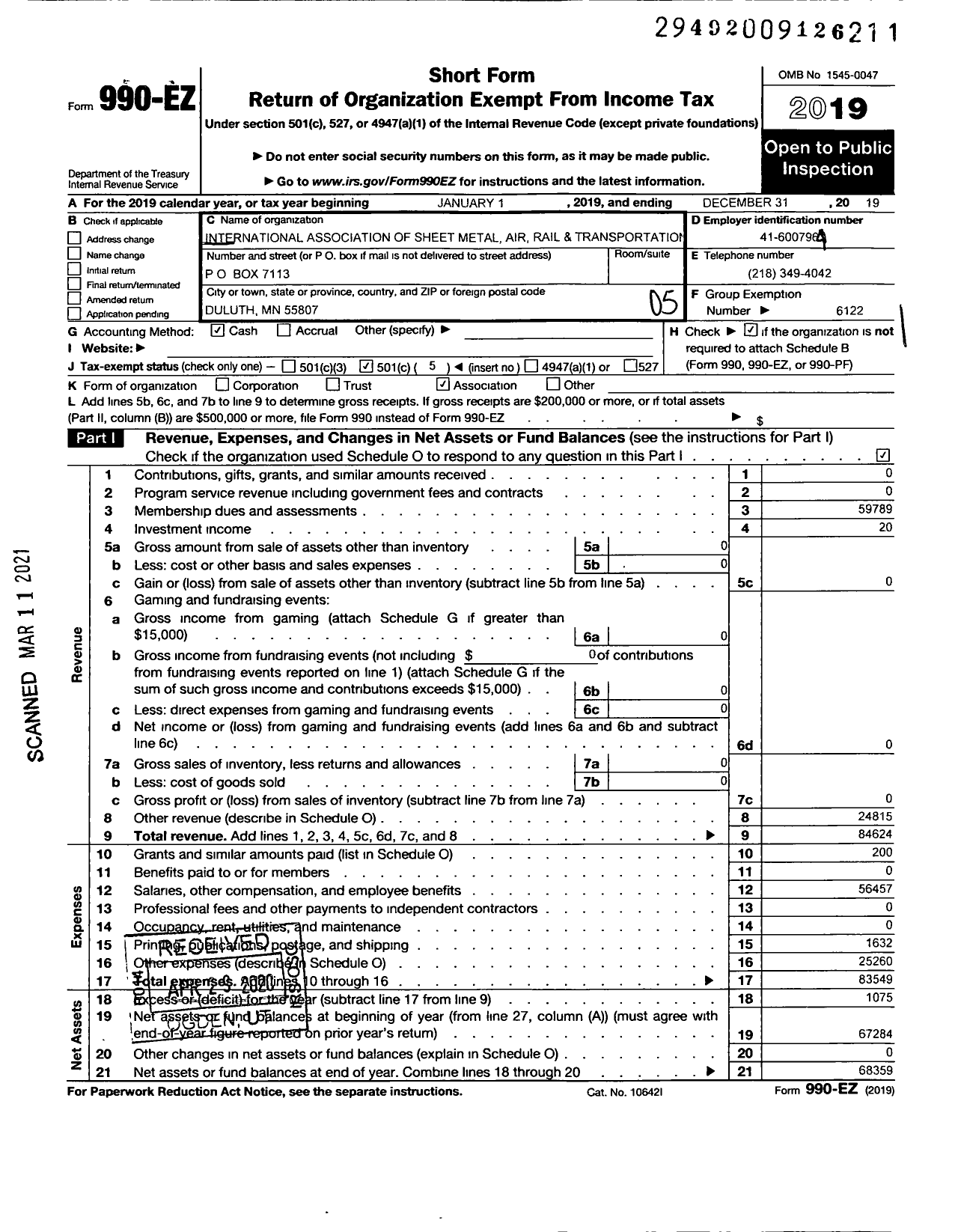 Image of first page of 2019 Form 990EO for Smart Union - 1067 TD