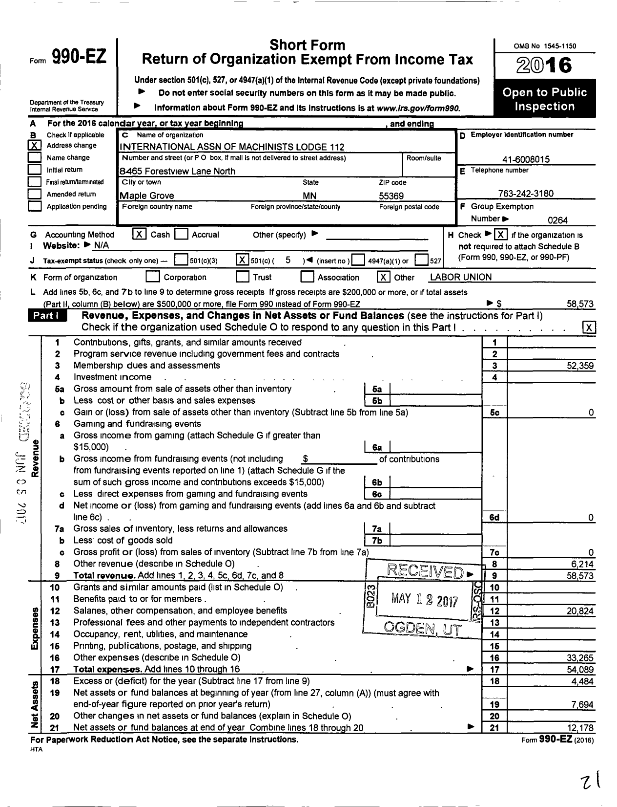 Image of first page of 2016 Form 990EO for International Association of Machinists and Aerospace Workers - 112