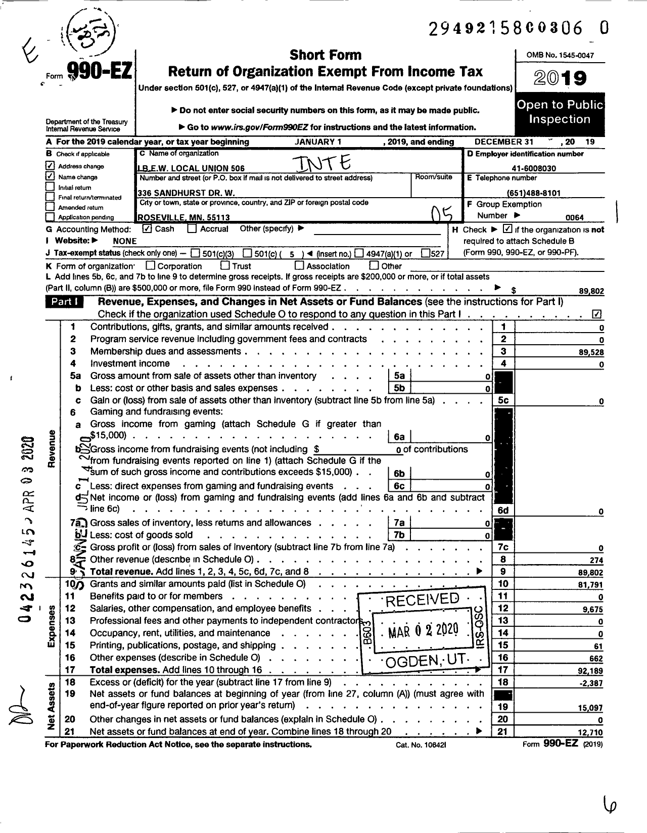 Image of first page of 2019 Form 990EO for International Brotherhood of Electrical Workers - Local Union 506