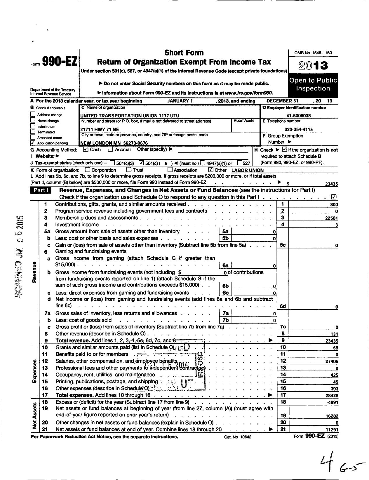 Image of first page of 2013 Form 990EO for Smart Union - 1177 TD