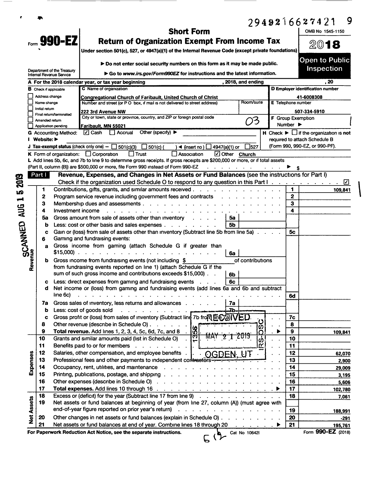 Image of first page of 2018 Form 990EZ for Congregational Church