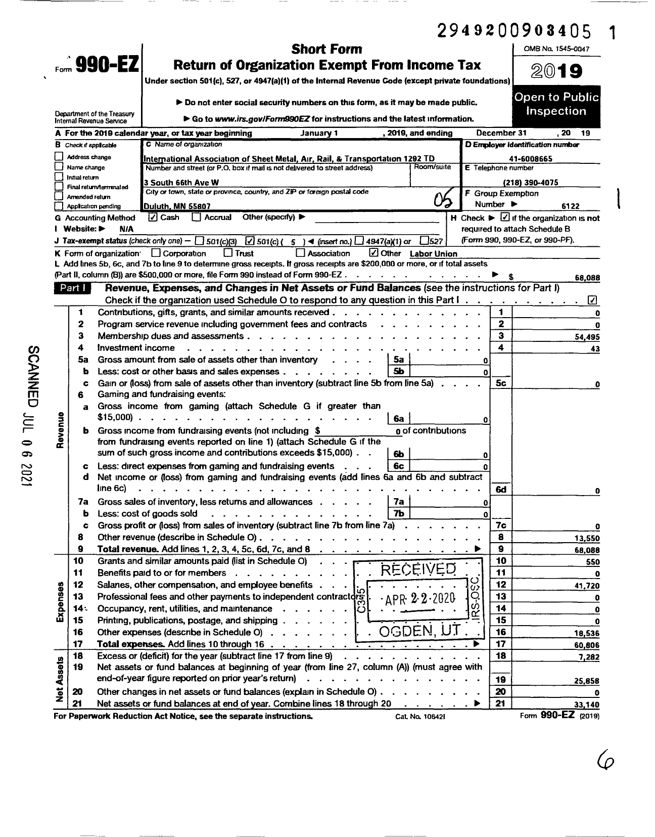 Image of first page of 2019 Form 990EO for Smart Union - 1292 TD