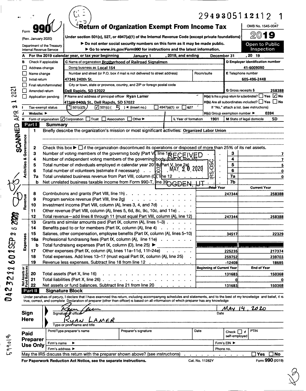 Image of first page of 2019 Form 990O for BROTHERHOOD OF RAILROAD SIGNALMEN - 154 Great Northern Local