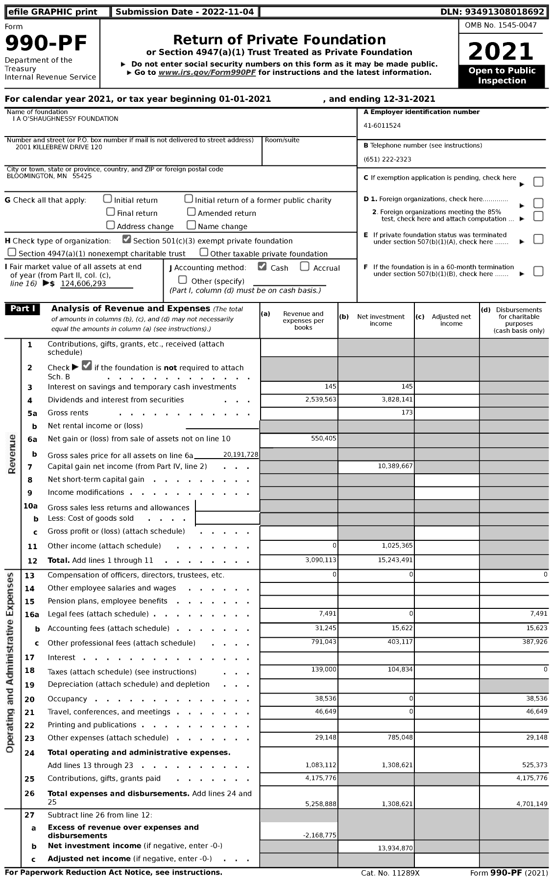 Image of first page of 2021 Form 990PF for I.A. O'shaughnessy Foundation