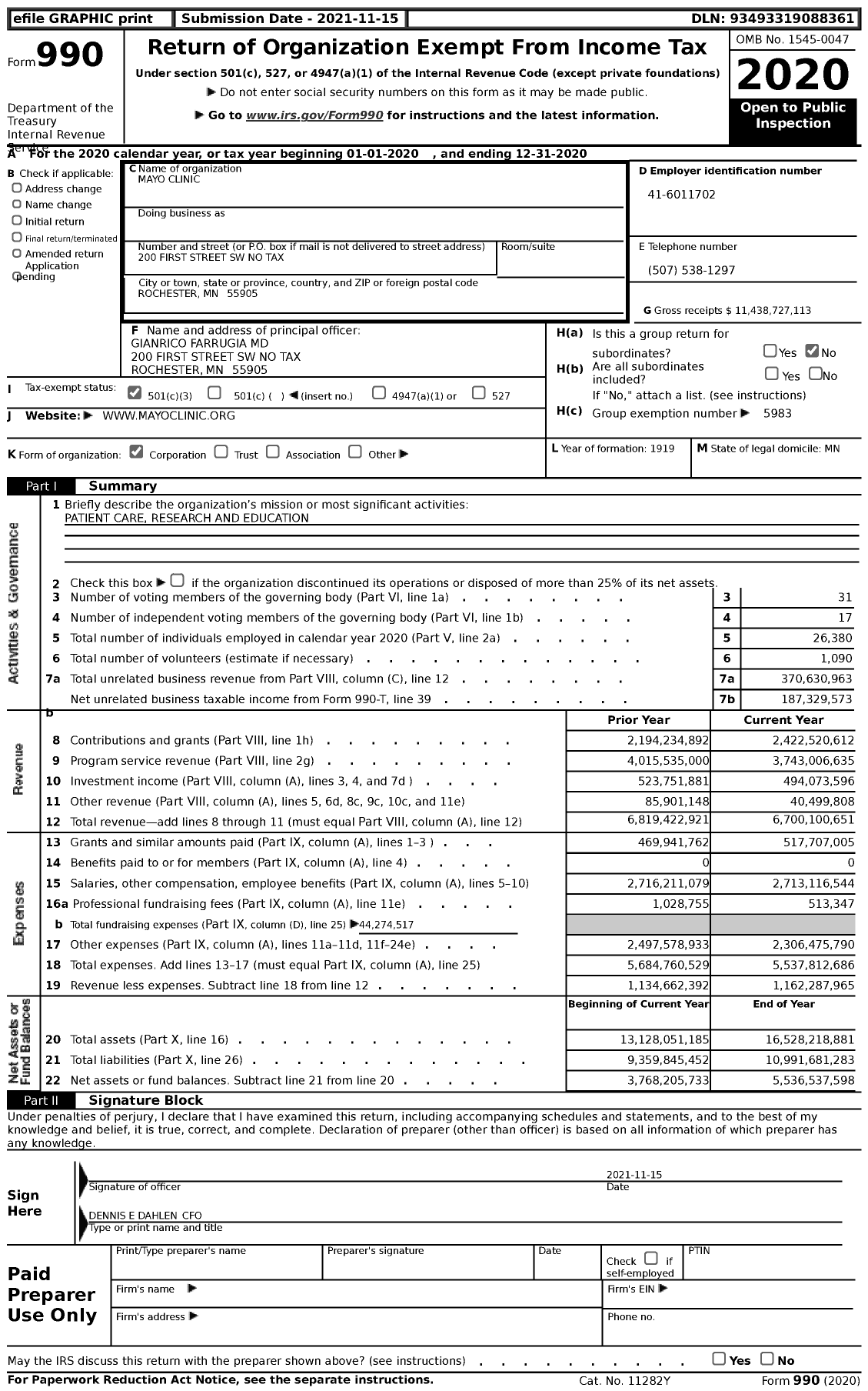 Image of first page of 2020 Form 990 for Mayo Clinic