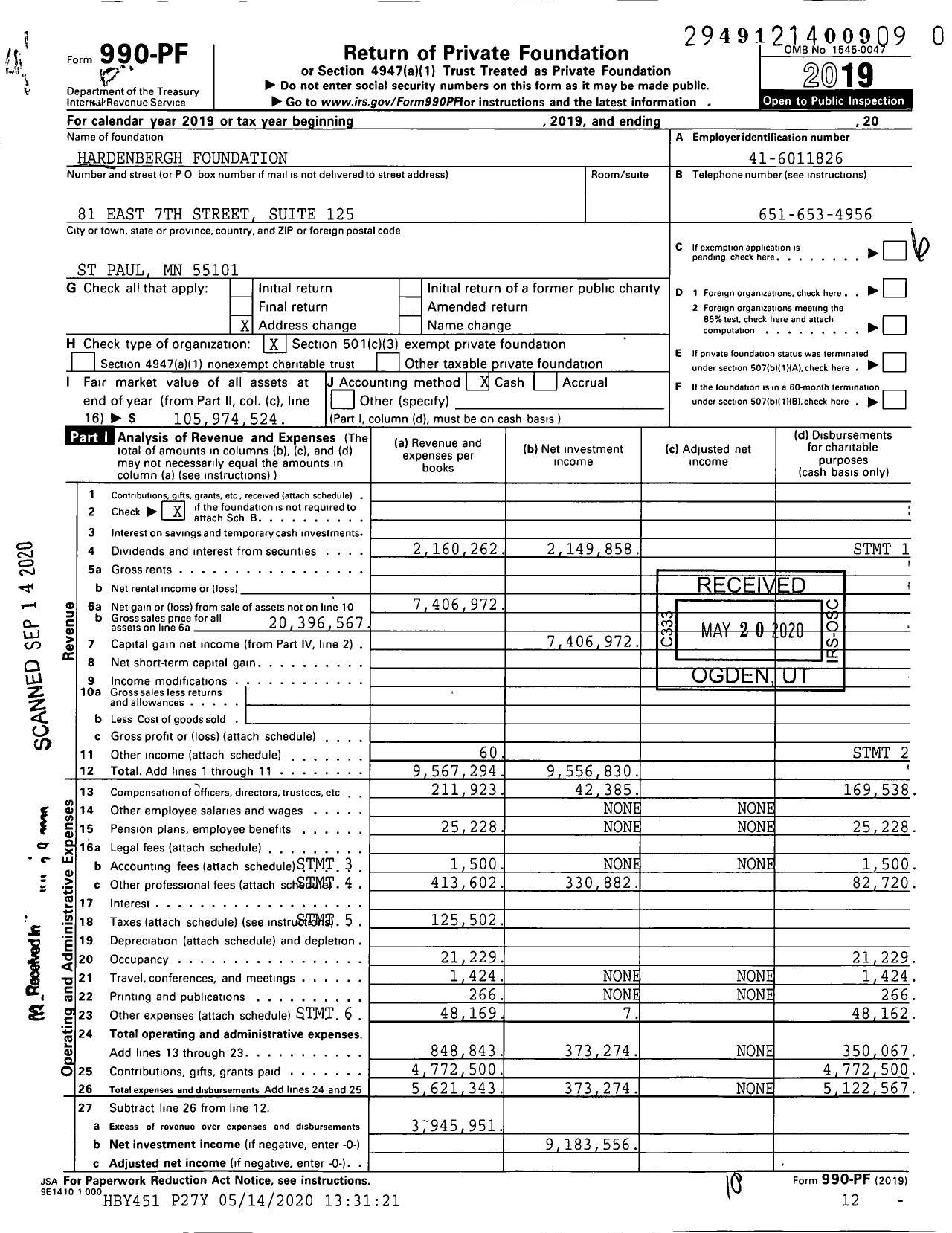 Image of first page of 2019 Form 990PR for Hardenbergh Foundation