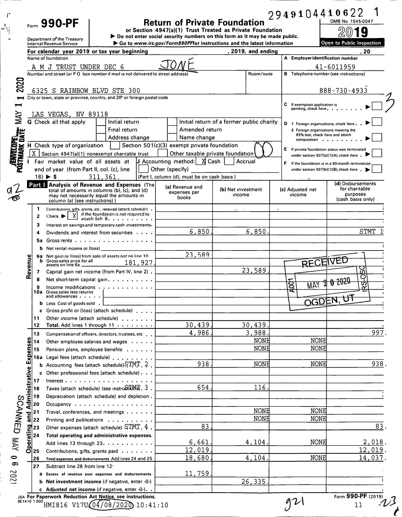Image of first page of 2019 Form 990PF for A M J Trust Under Dec 6