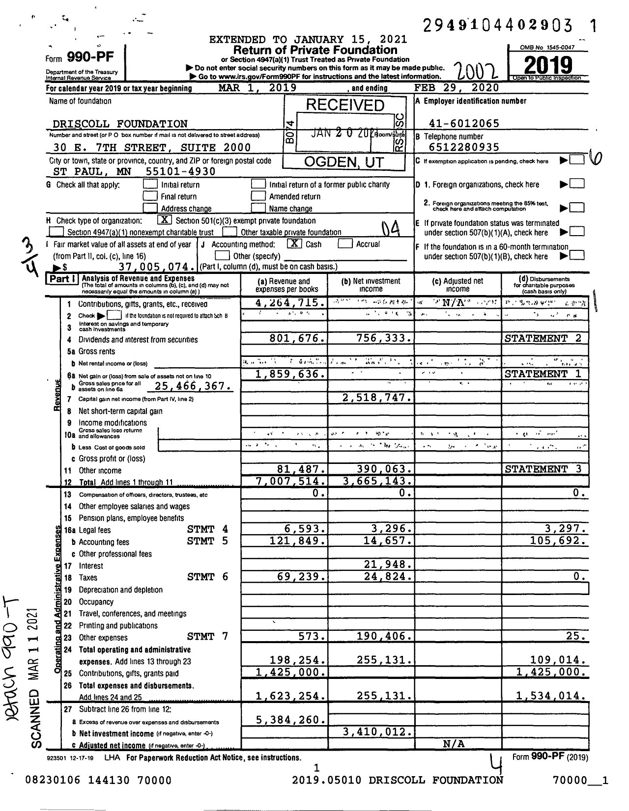 Image of first page of 2019 Form 990PF for Driscoll Foundation