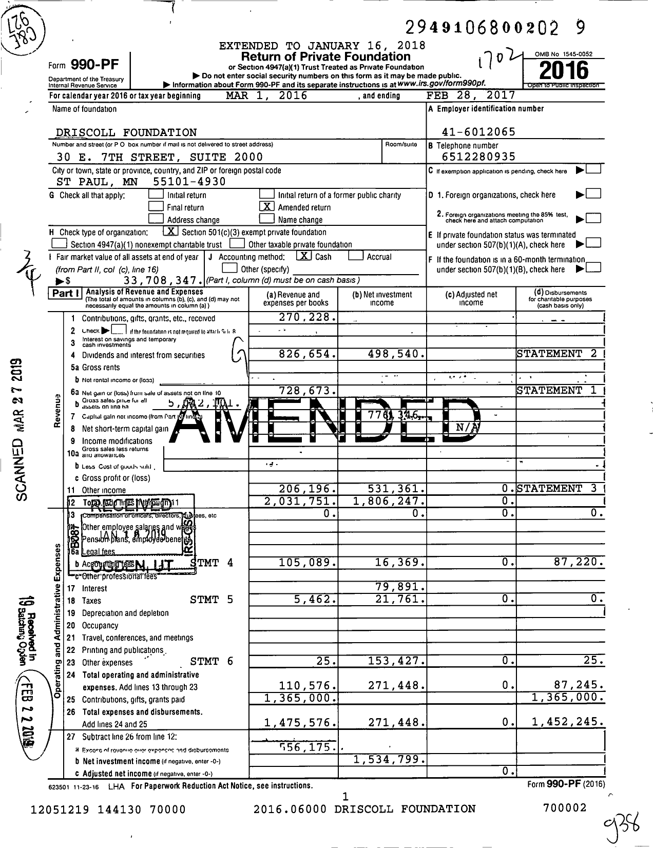 Image of first page of 2016 Form 990PF for Driscoll Foundation