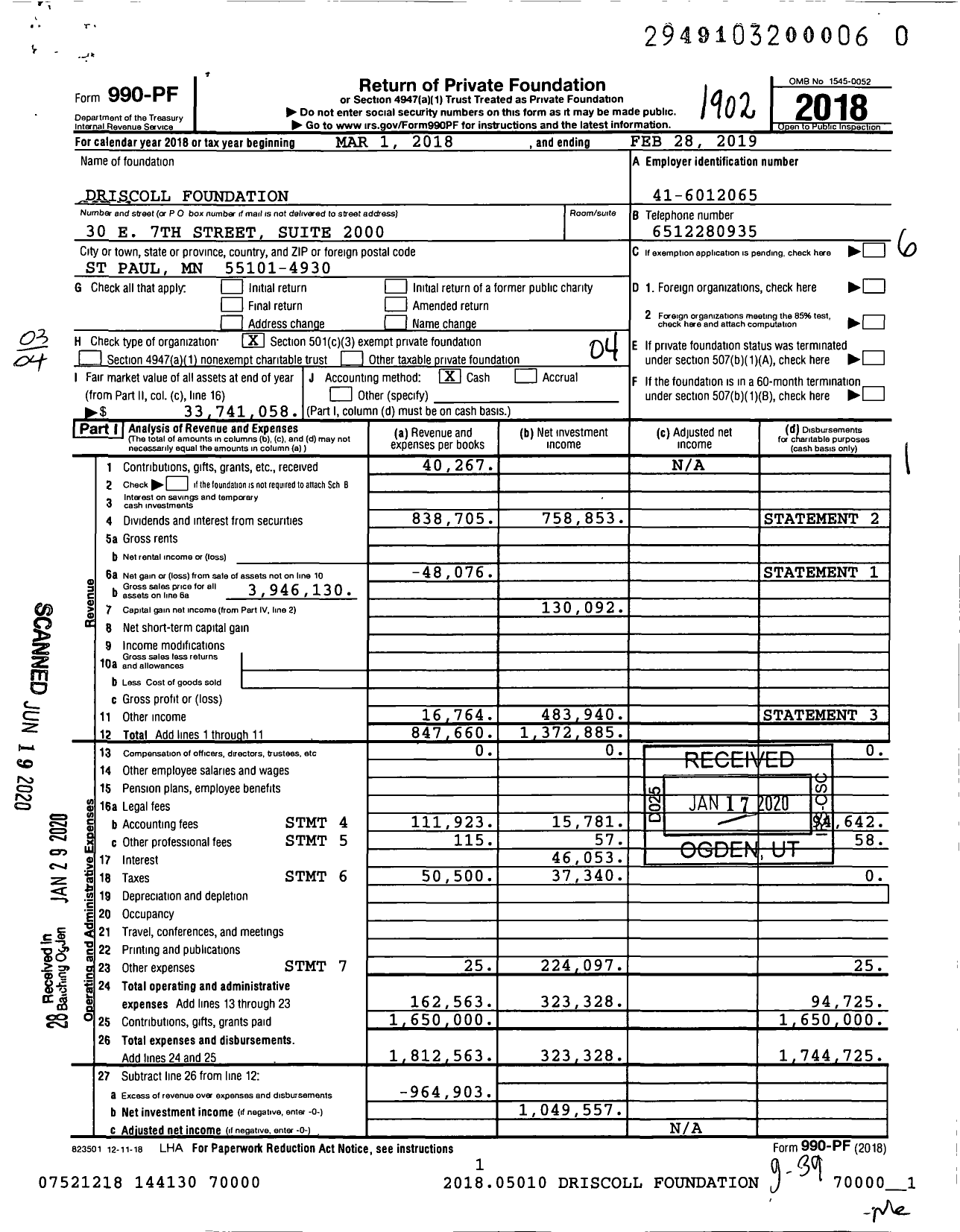 Image of first page of 2018 Form 990PR for Driscoll Foundation