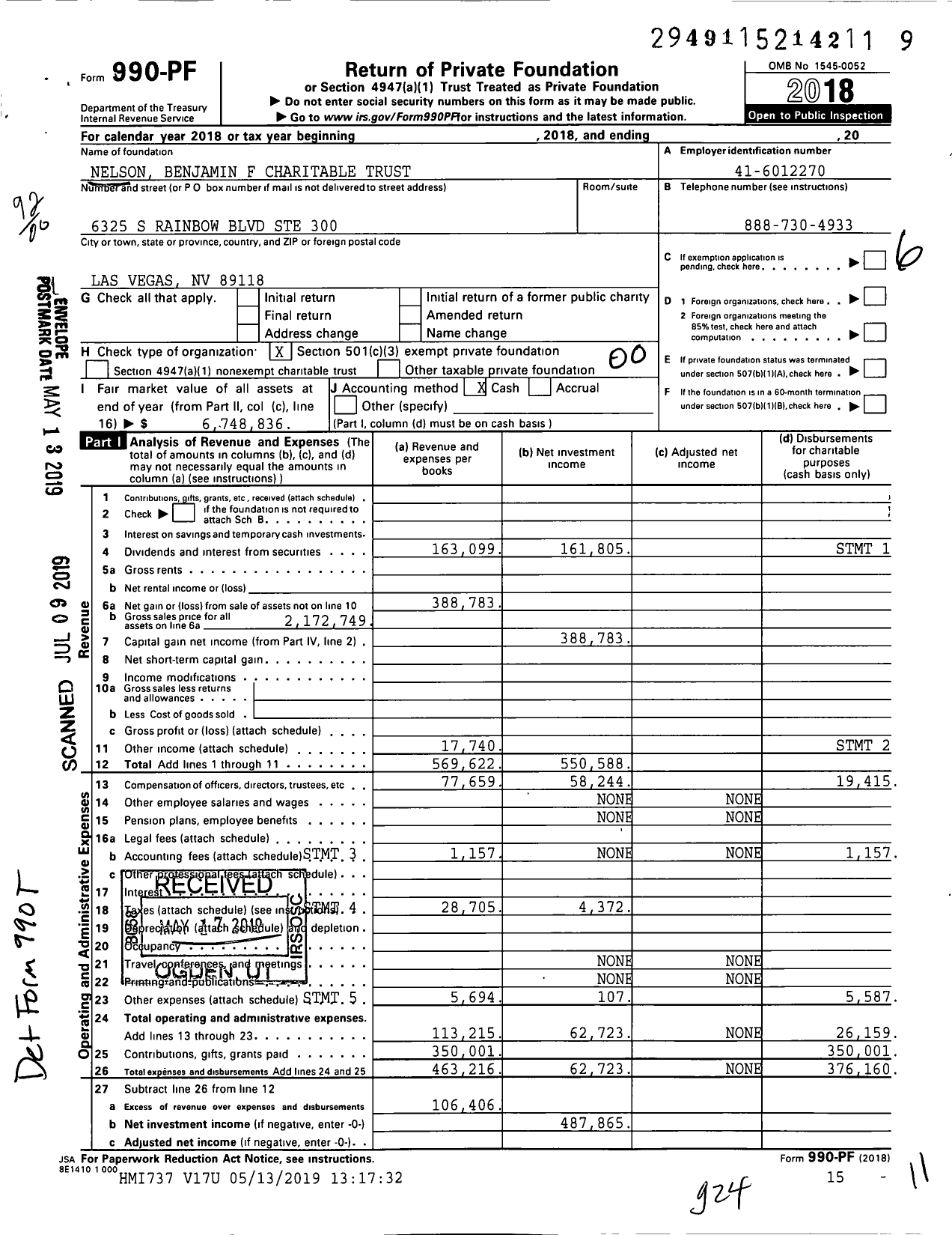 Image of first page of 2018 Form 990PF for Nelson Benjamin F Charitable Trust