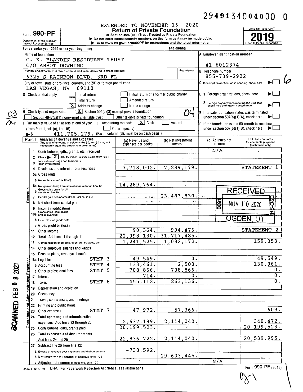 Image of first page of 2019 Form 990PF for Charles K. Blandin Residuary Trust