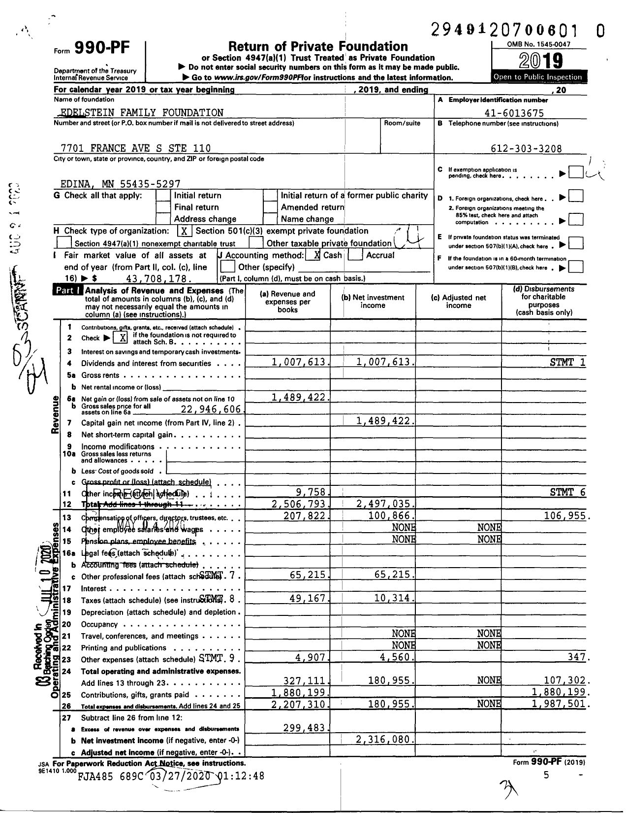 Image of first page of 2019 Form 990PR for Edelstein Family Foundation 984609