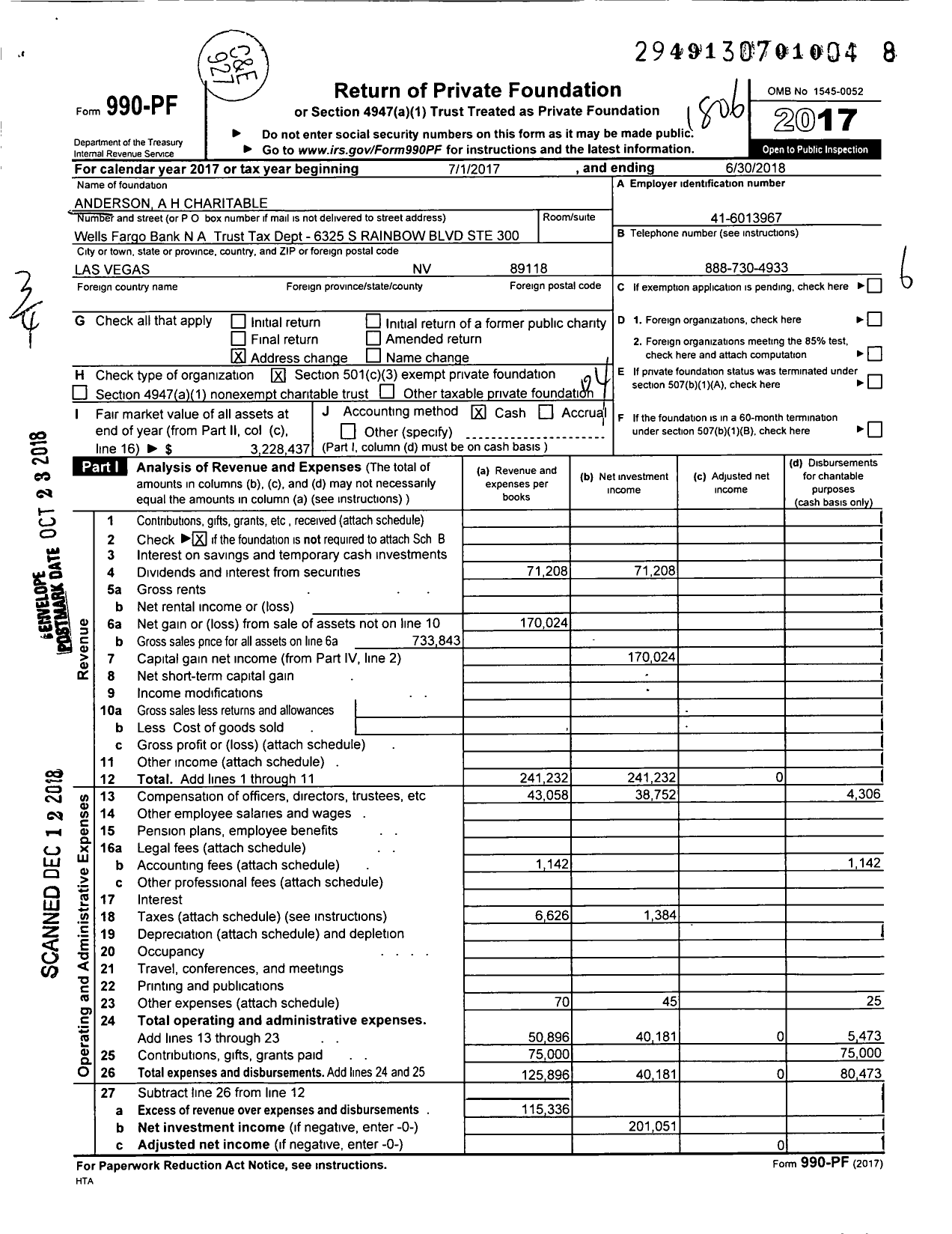 Image of first page of 2017 Form 990PF for Anderson A H Charitable