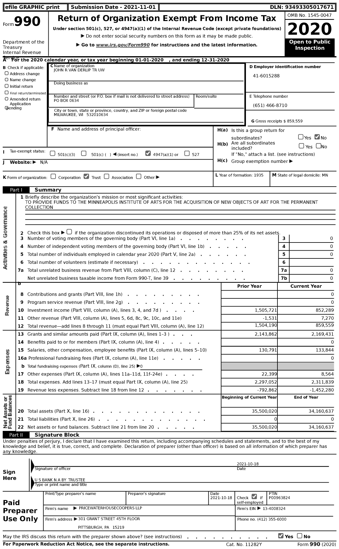 Image of first page of 2020 Form 990 for John R Van Derlip TR Uw