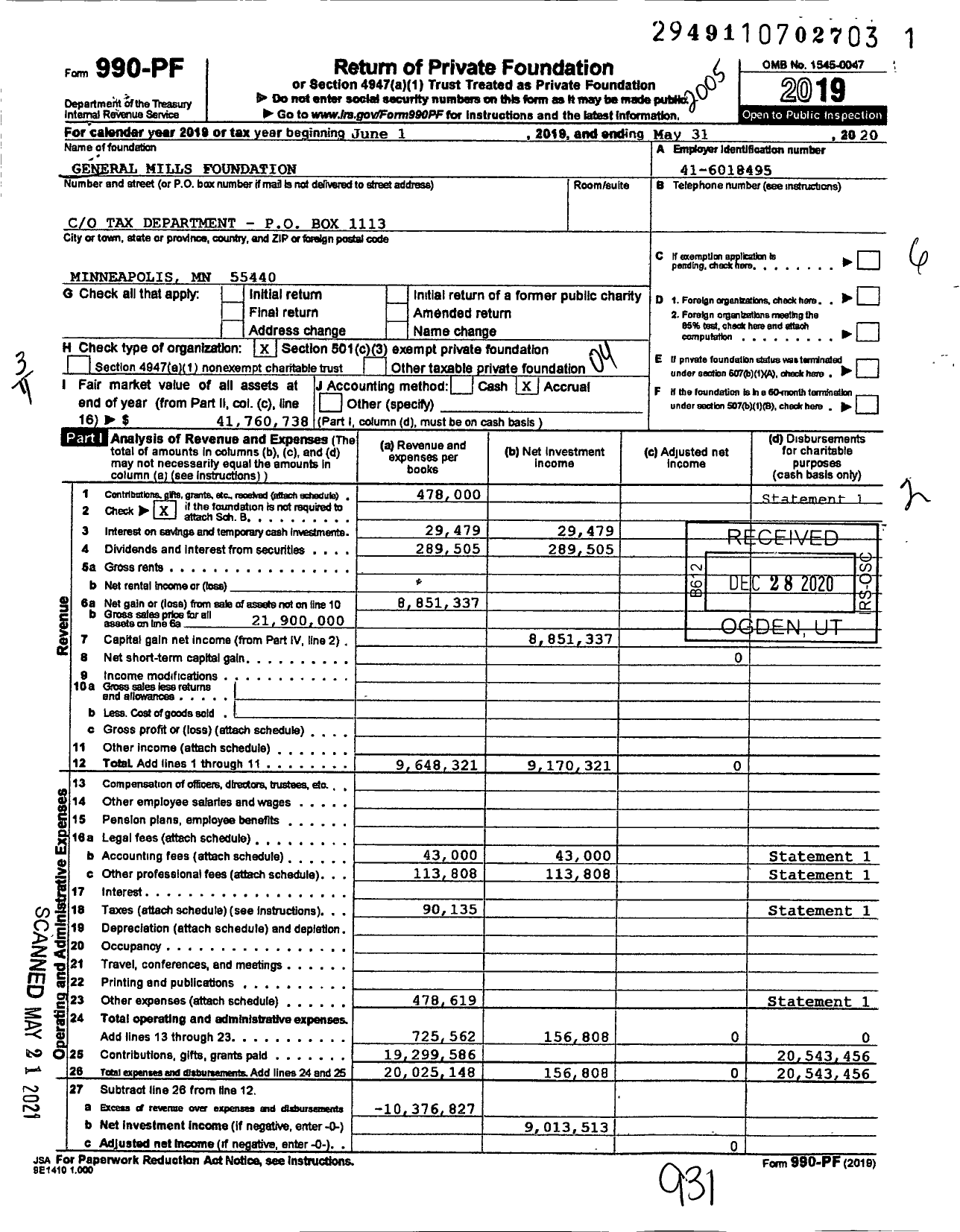 Image of first page of 2019 Form 990PF for General Mills Foundation