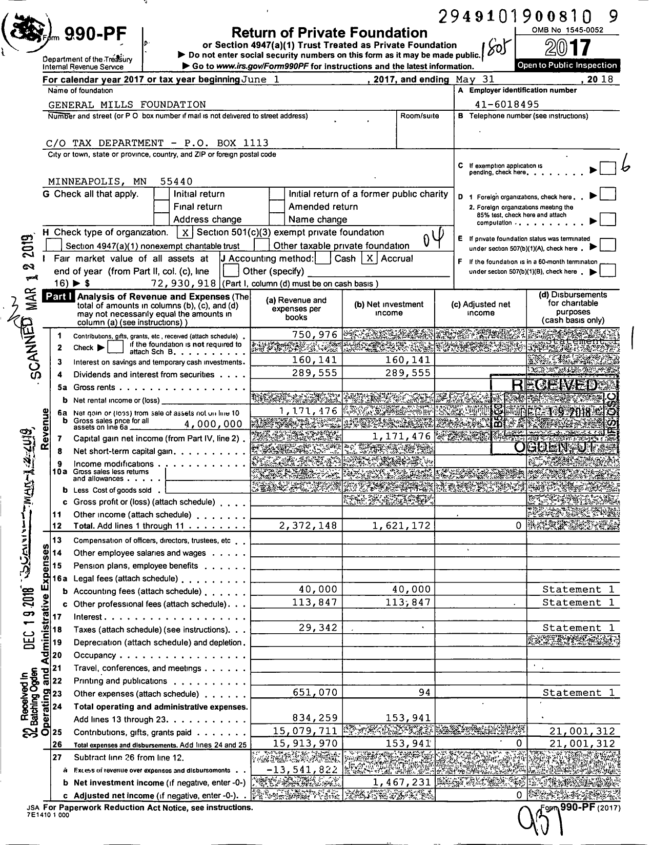 Image of first page of 2017 Form 990PF for General Mills Foundation