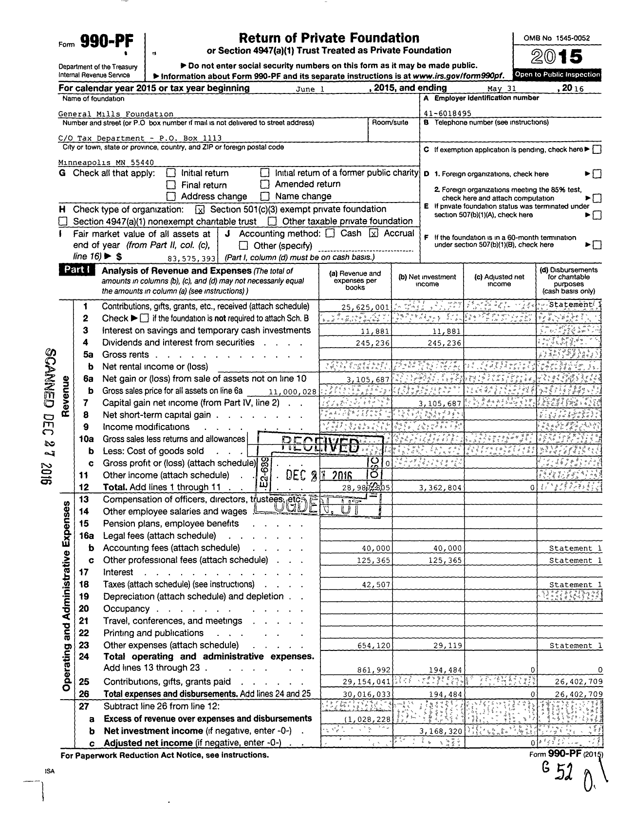 Image of first page of 2015 Form 990PF for General Mills Foundation