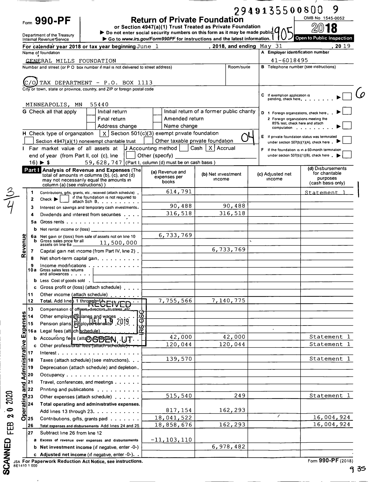 Image of first page of 2018 Form 990PF for General Mills Foundation