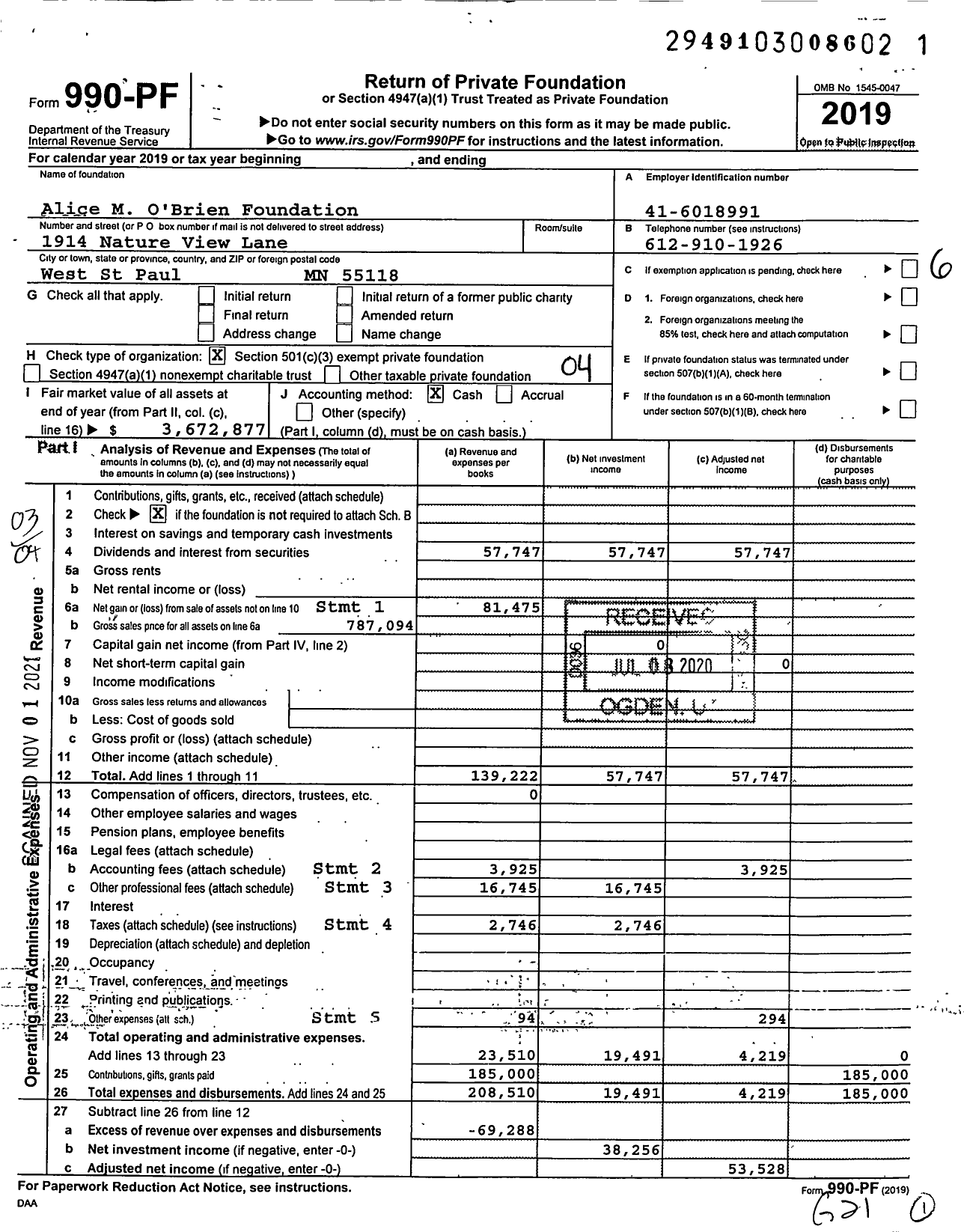 Image of first page of 2019 Form 990PF for Alice M O'Brien Foundation