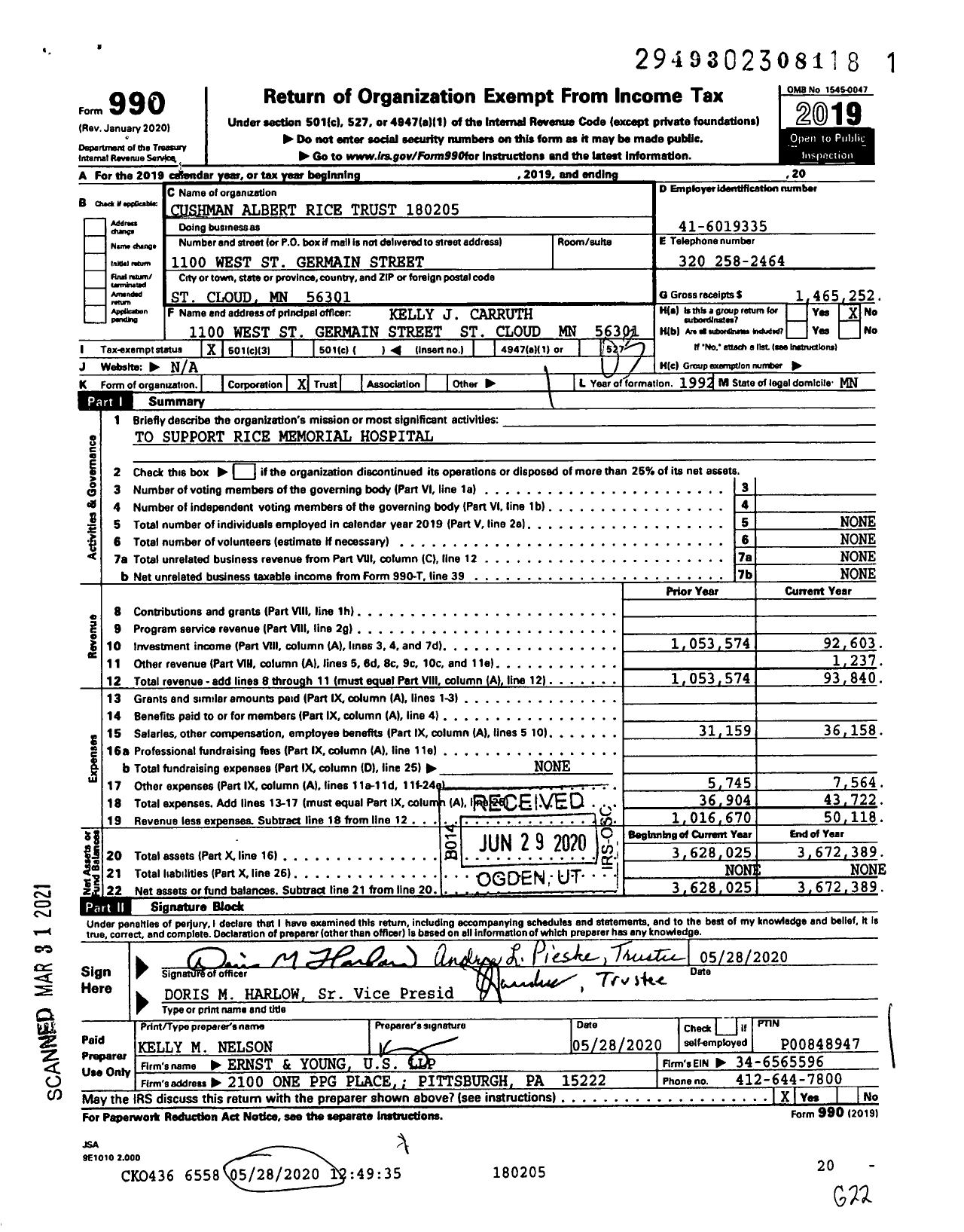 Image of first page of 2019 Form 990 for Cushman Albert Rice Trust 180205