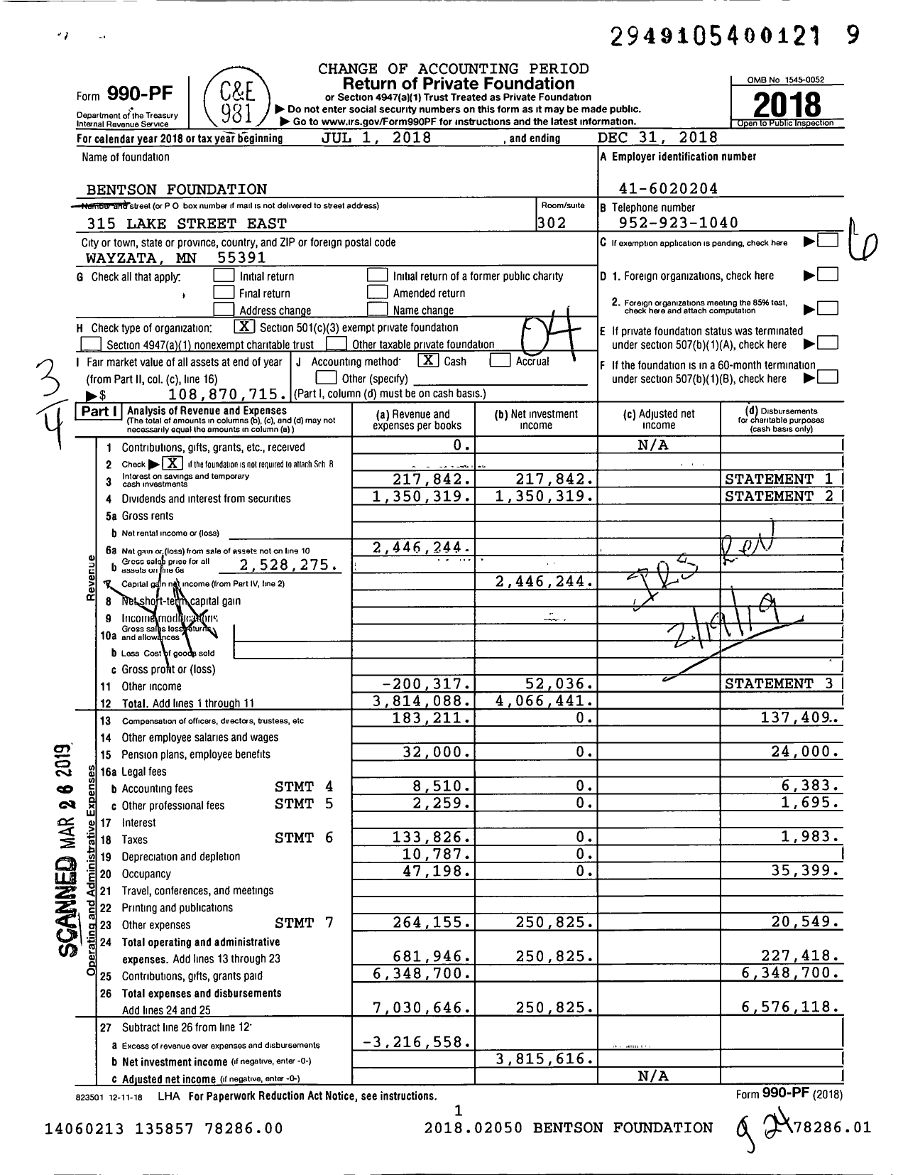 Image of first page of 2018 Form 990PF for Bentson Foundation