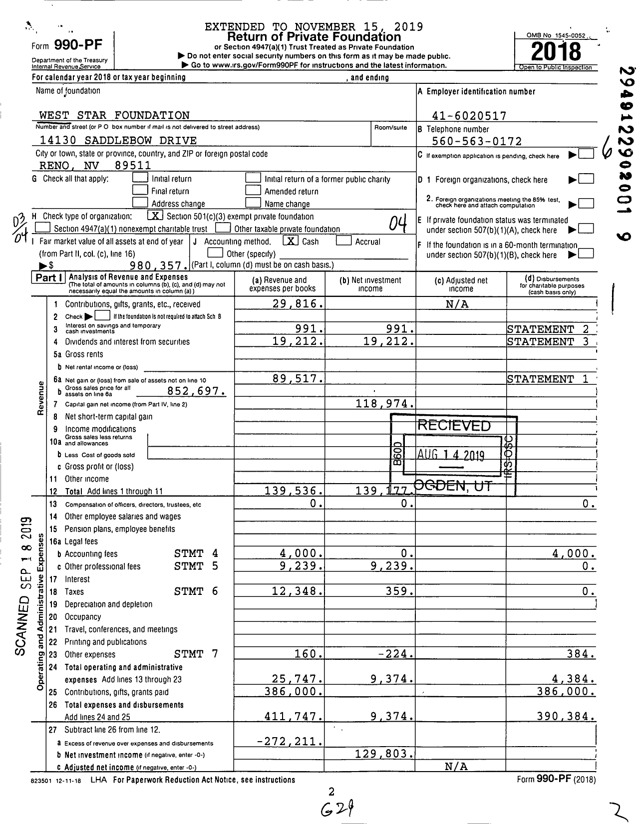 Image of first page of 2018 Form 990PF for West Star Foundation