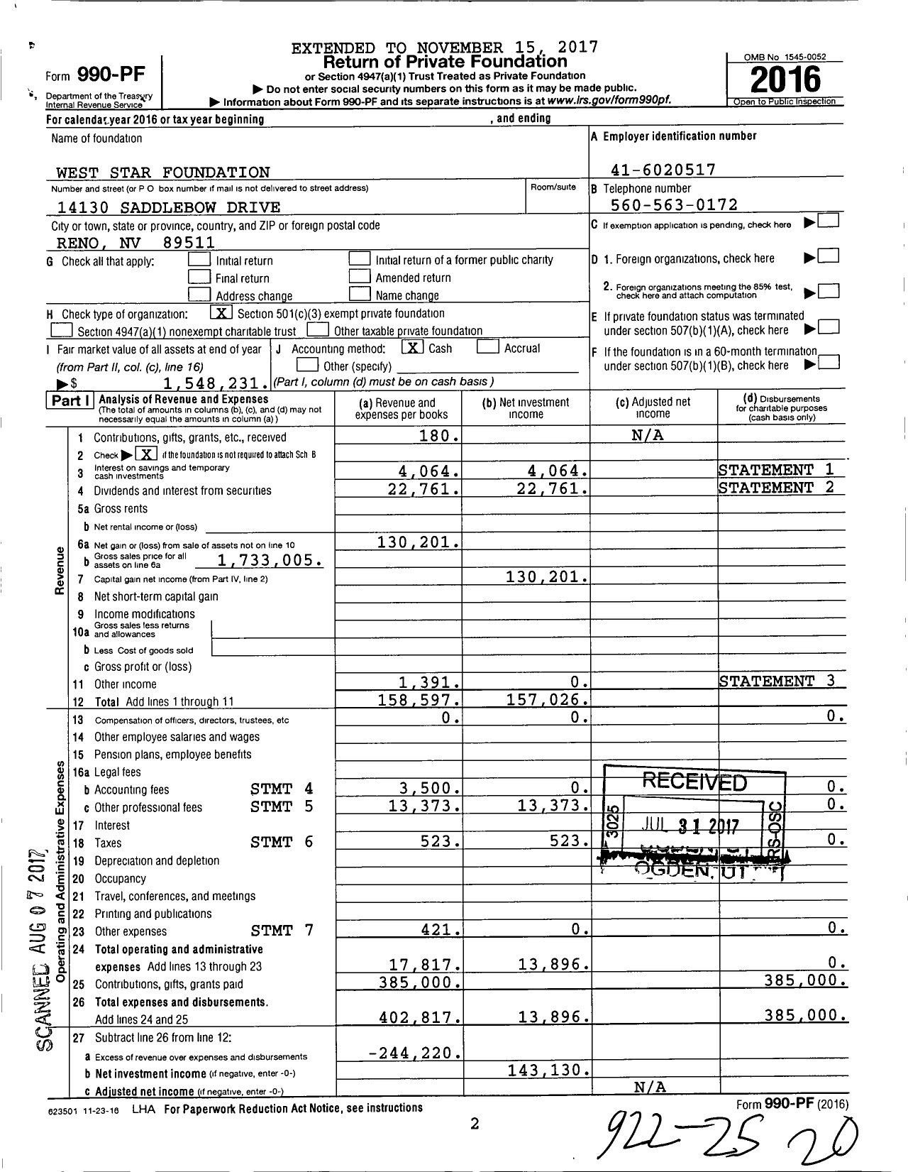 Image of first page of 2016 Form 990PF for West Star Foundation