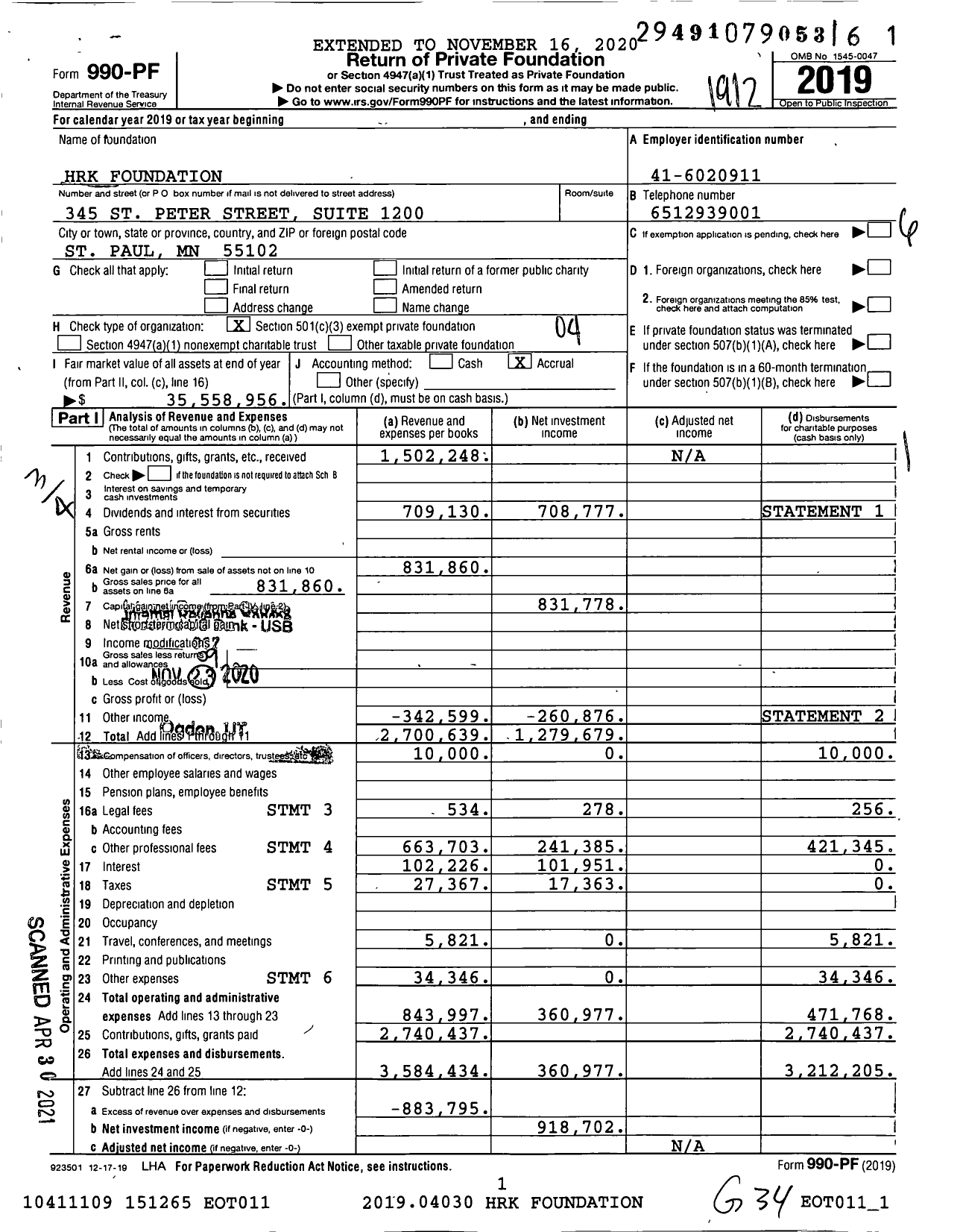 Image of first page of 2019 Form 990PF for HRK Foundation