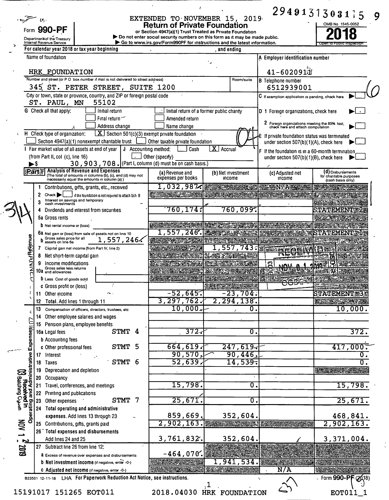 Image of first page of 2018 Form 990PF for HRK Foundation