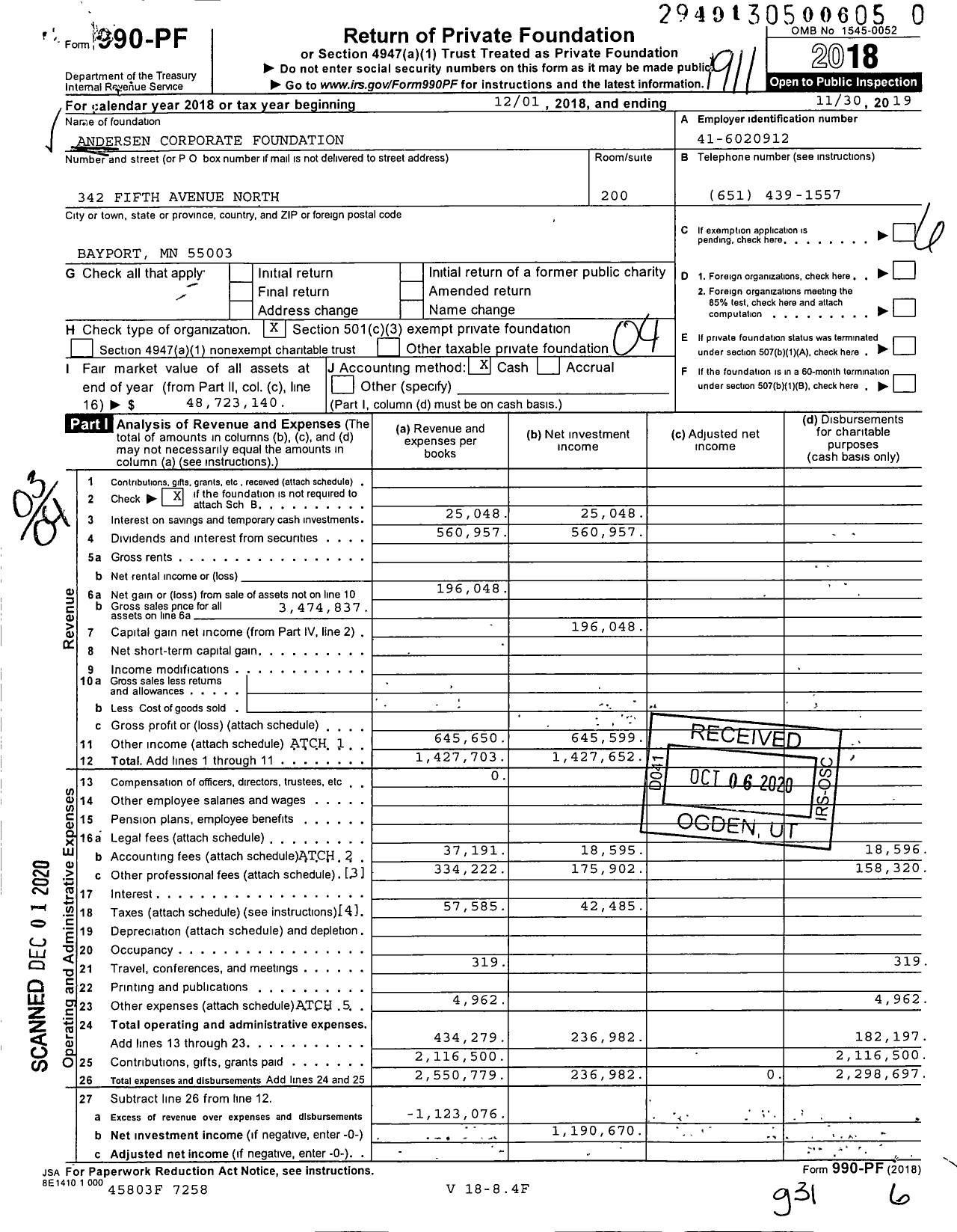 Image of first page of 2018 Form 990PF for Andersen Corporate Foundation