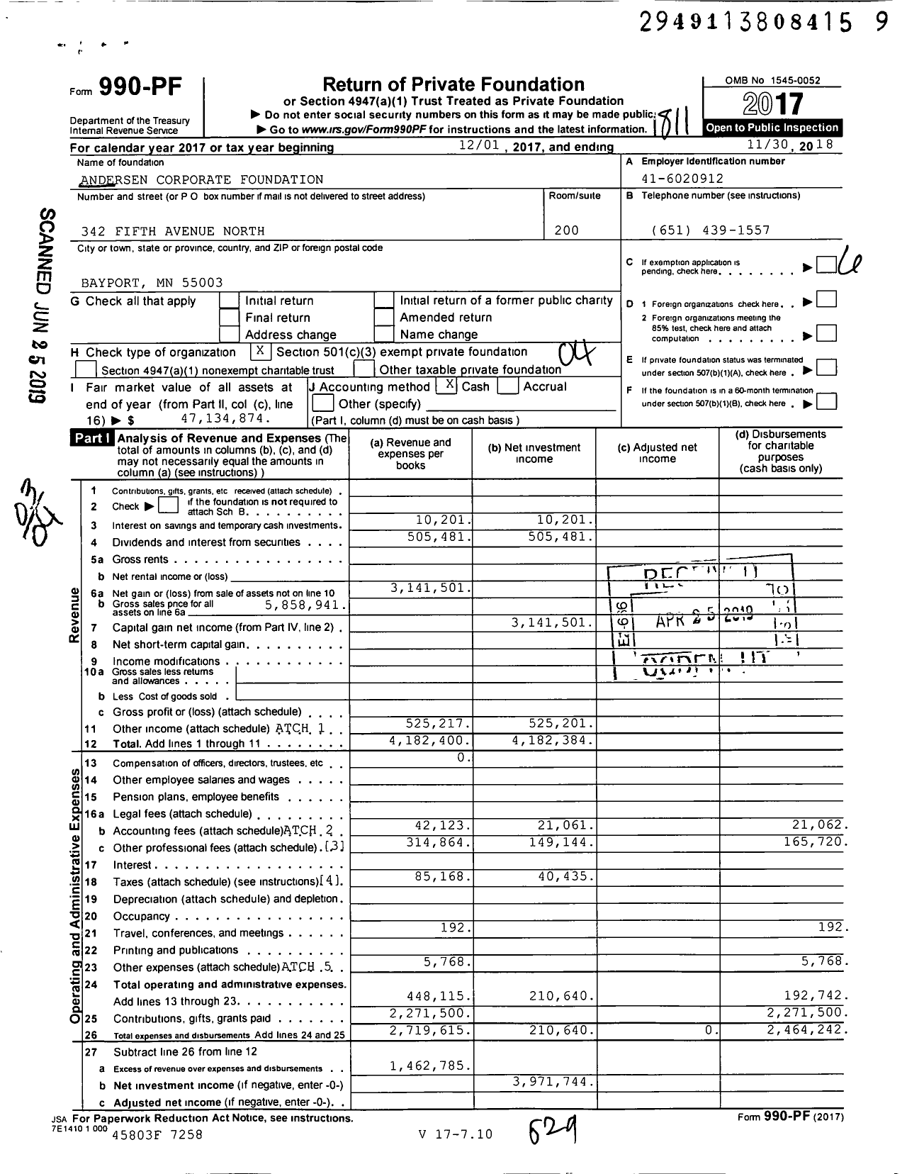 Image of first page of 2017 Form 990PF for Andersen Corporate Foundation