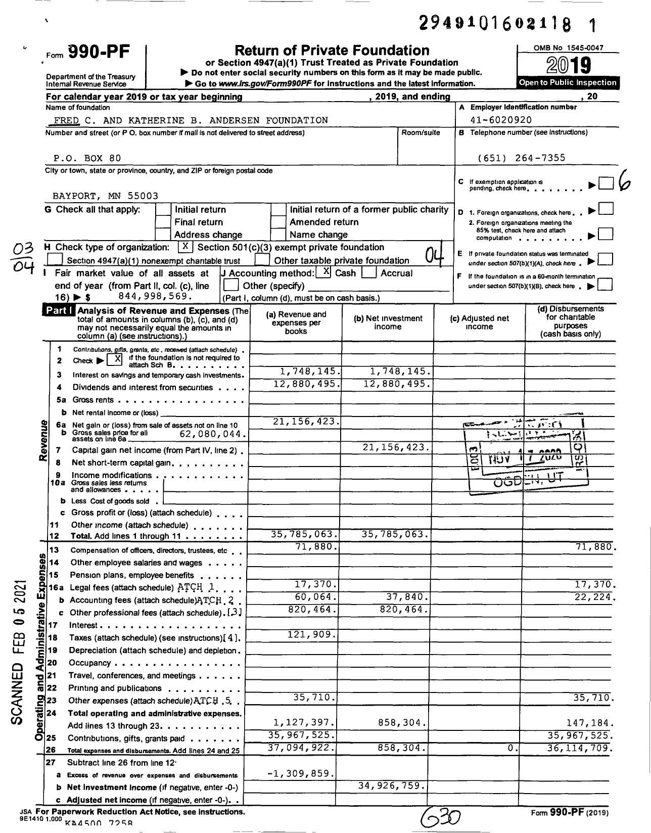 Image of first page of 2019 Form 990PF for Fred C and Katherine B Andersen Foundation