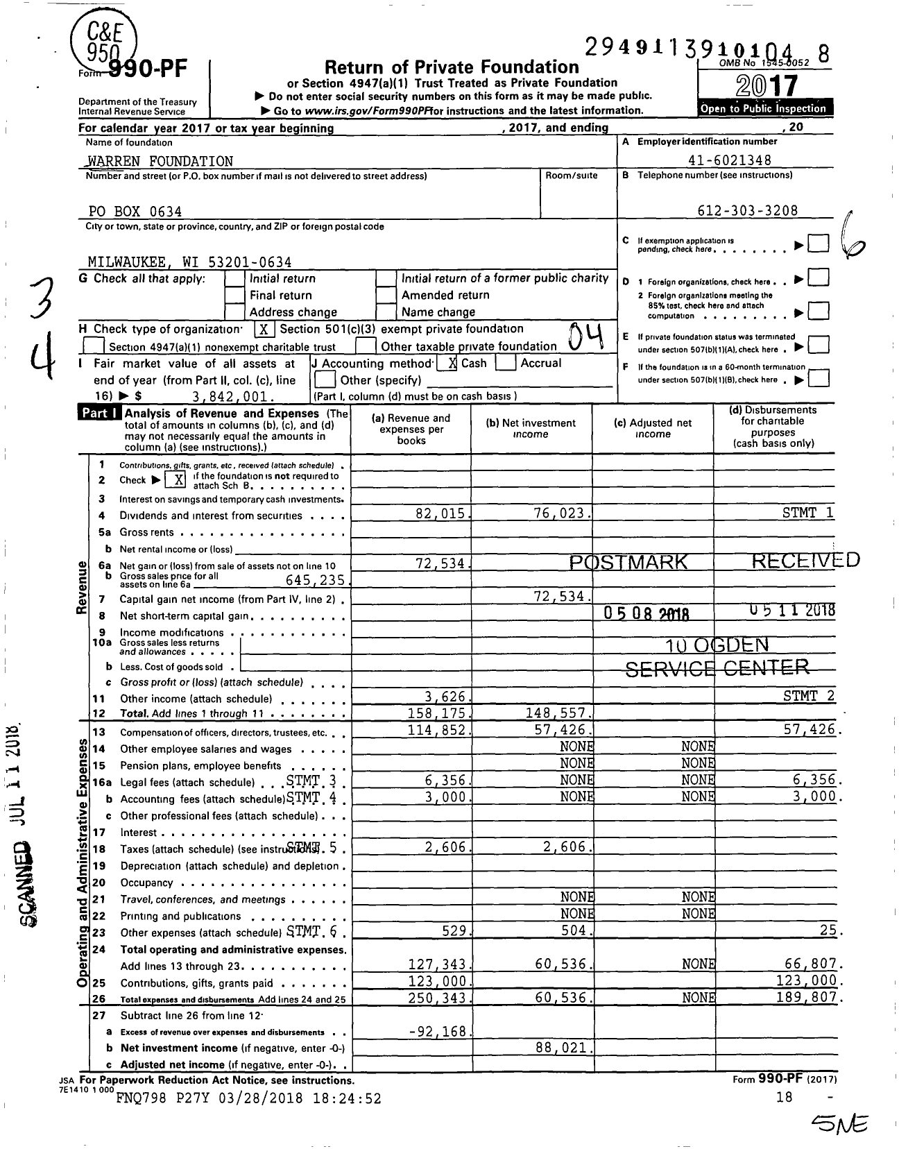 Image of first page of 2017 Form 990PF for Warren Foundation