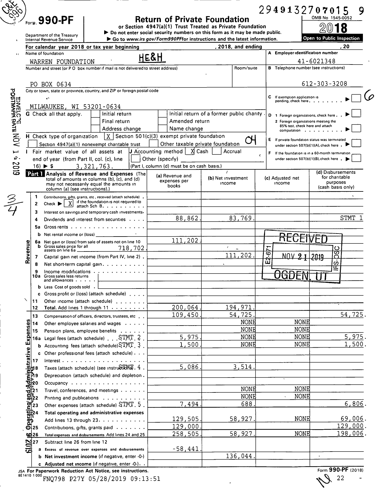 Image of first page of 2018 Form 990PF for Warren Foundation