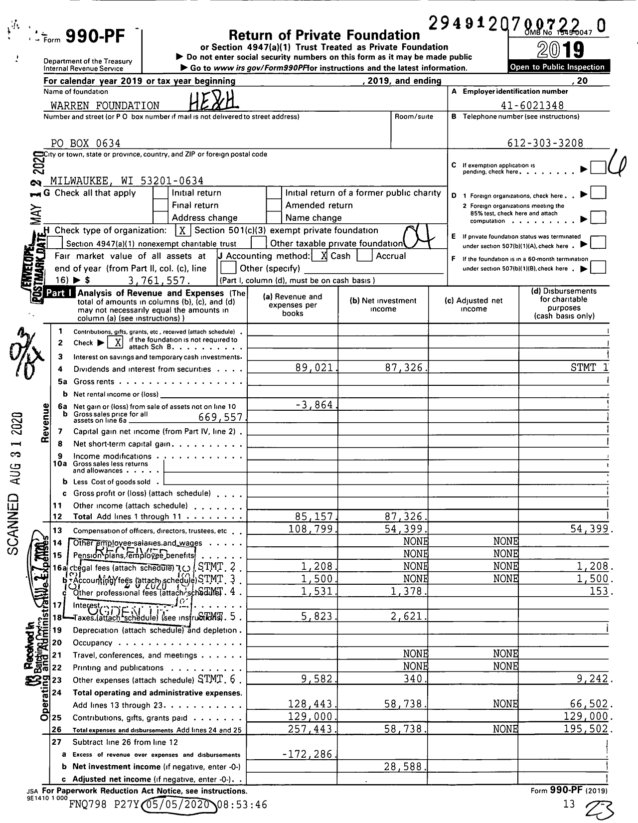 Image of first page of 2019 Form 990PR for Warren Foundation