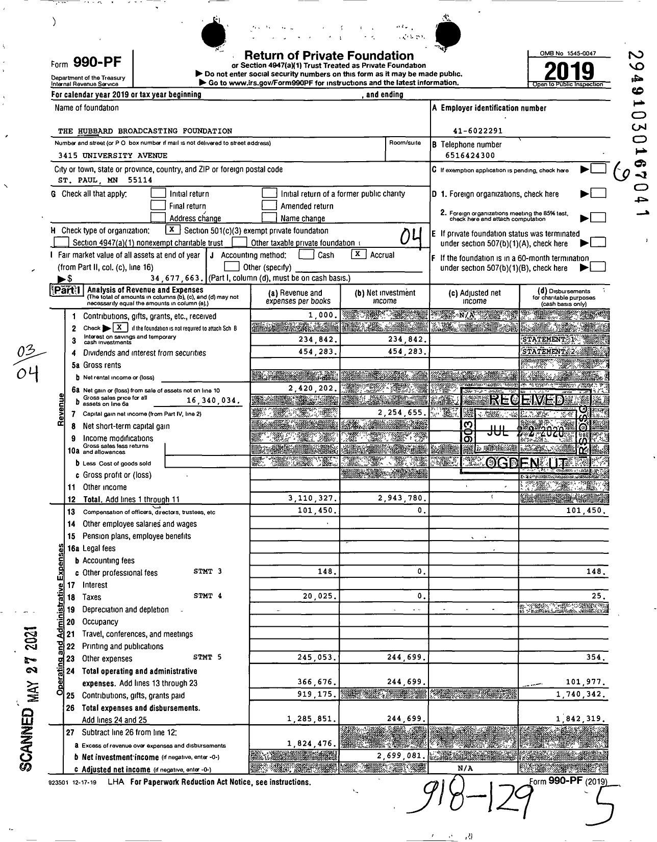 Image of first page of 2019 Form 990PF for ubbard Radio